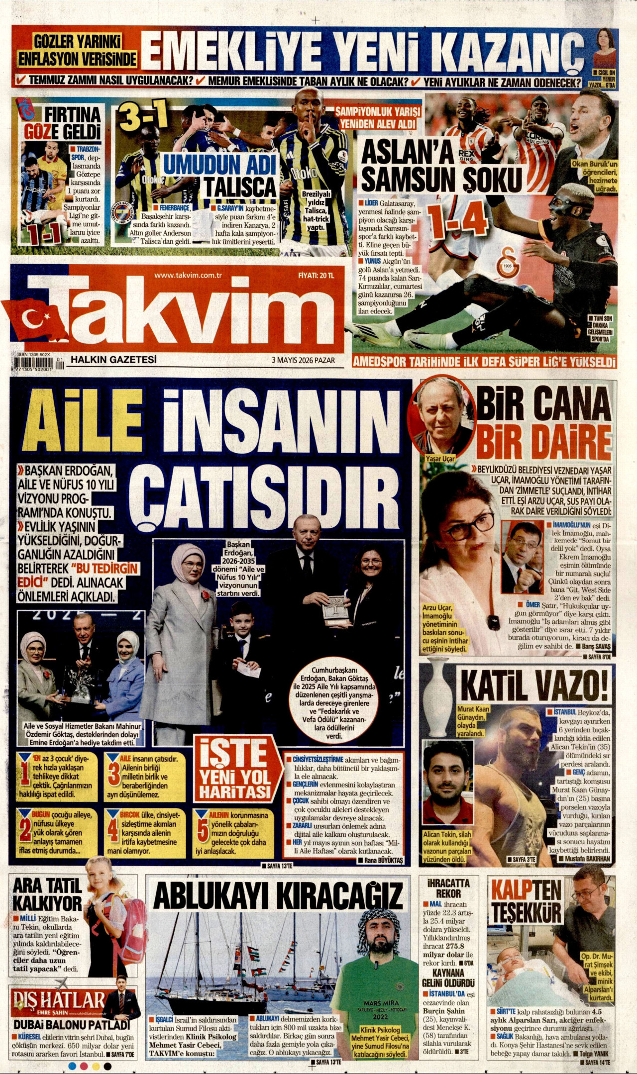 TAKVİM gazetesinin 3 Mayıs 2026 tarihli birinci sayfası