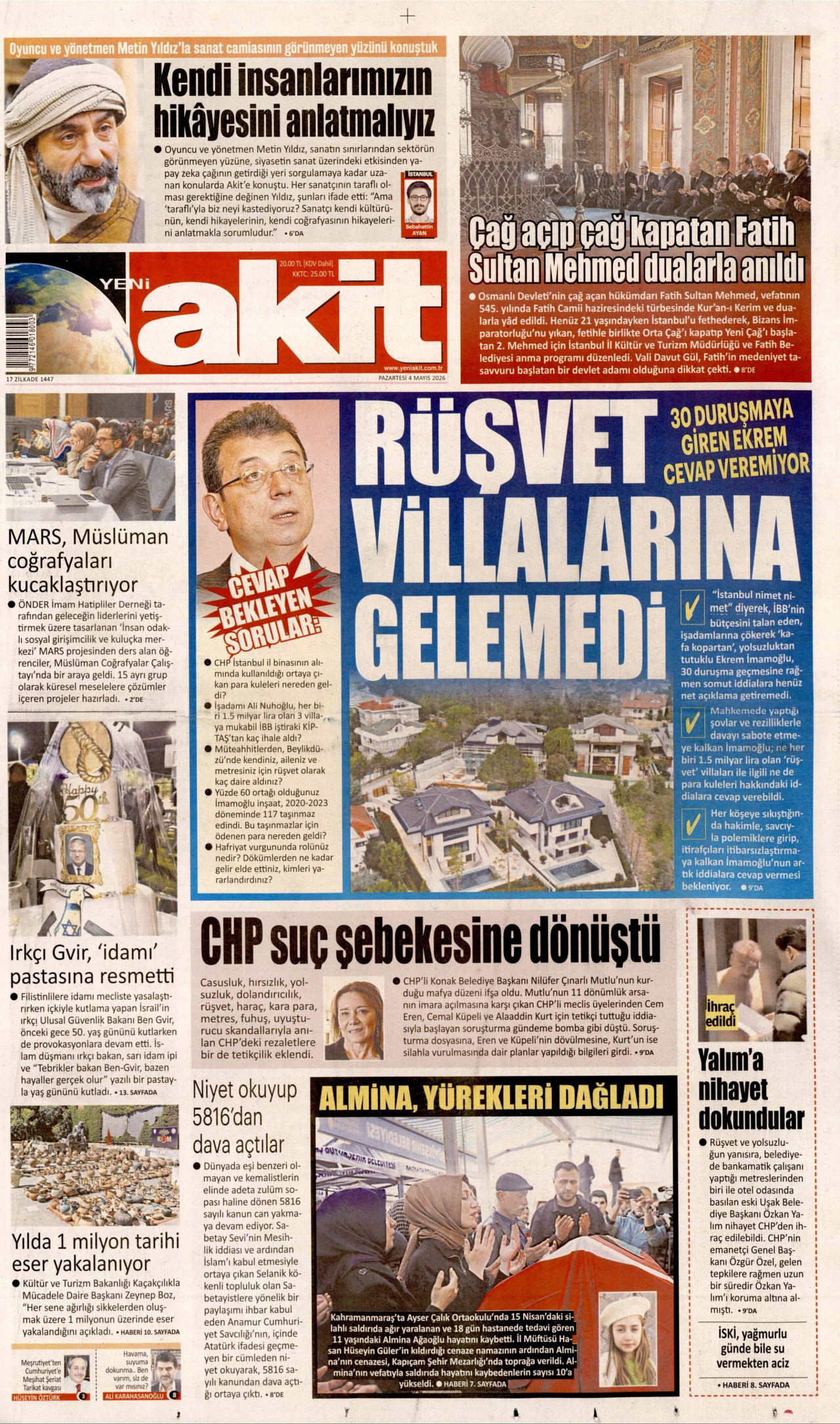 YENİ AKİT gazetesinin 4 Mayıs 2026 tarihli birinci sayfası