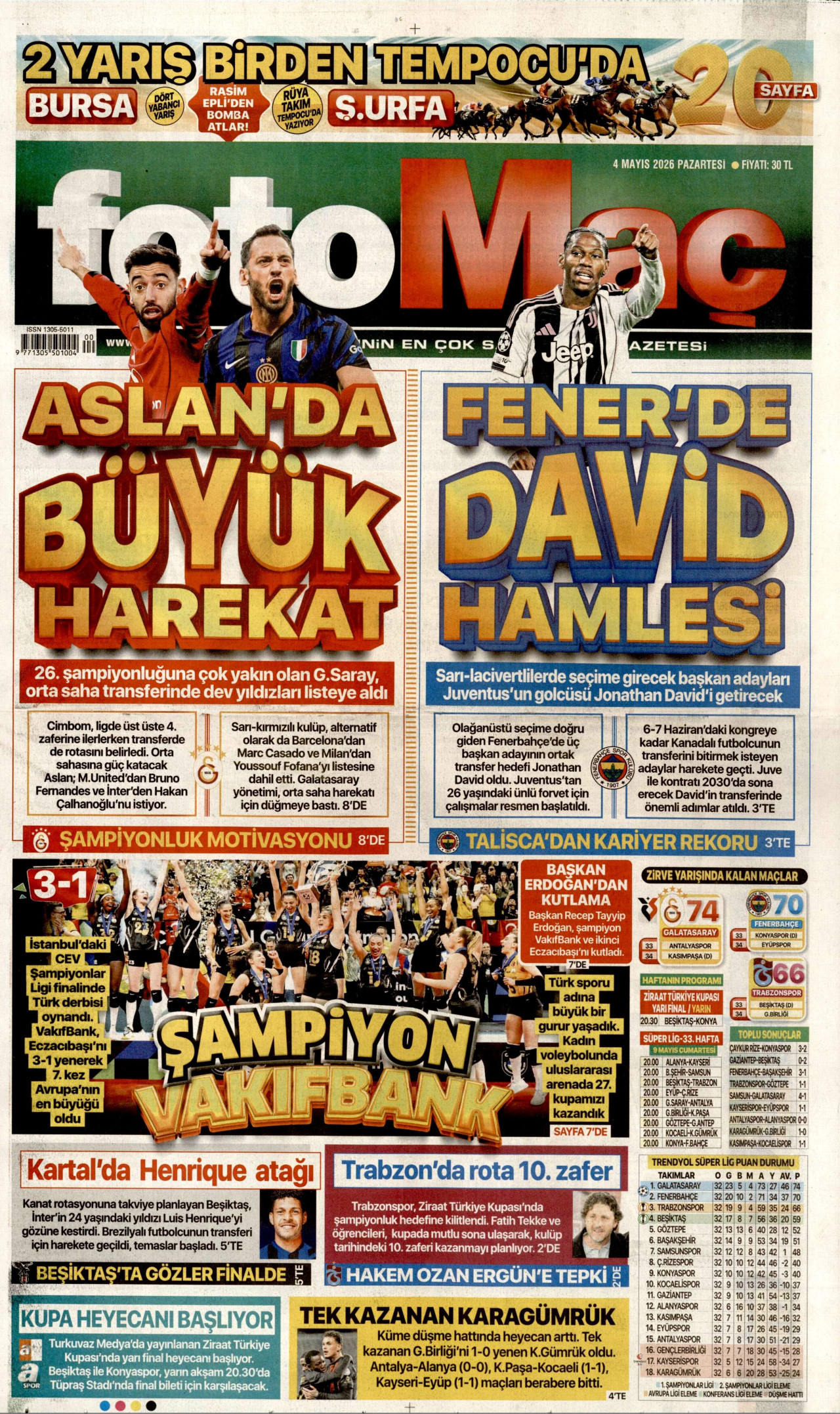 FOTOMAÇ gazetesinin 4 Mayıs 2026 tarihli birinci sayfası