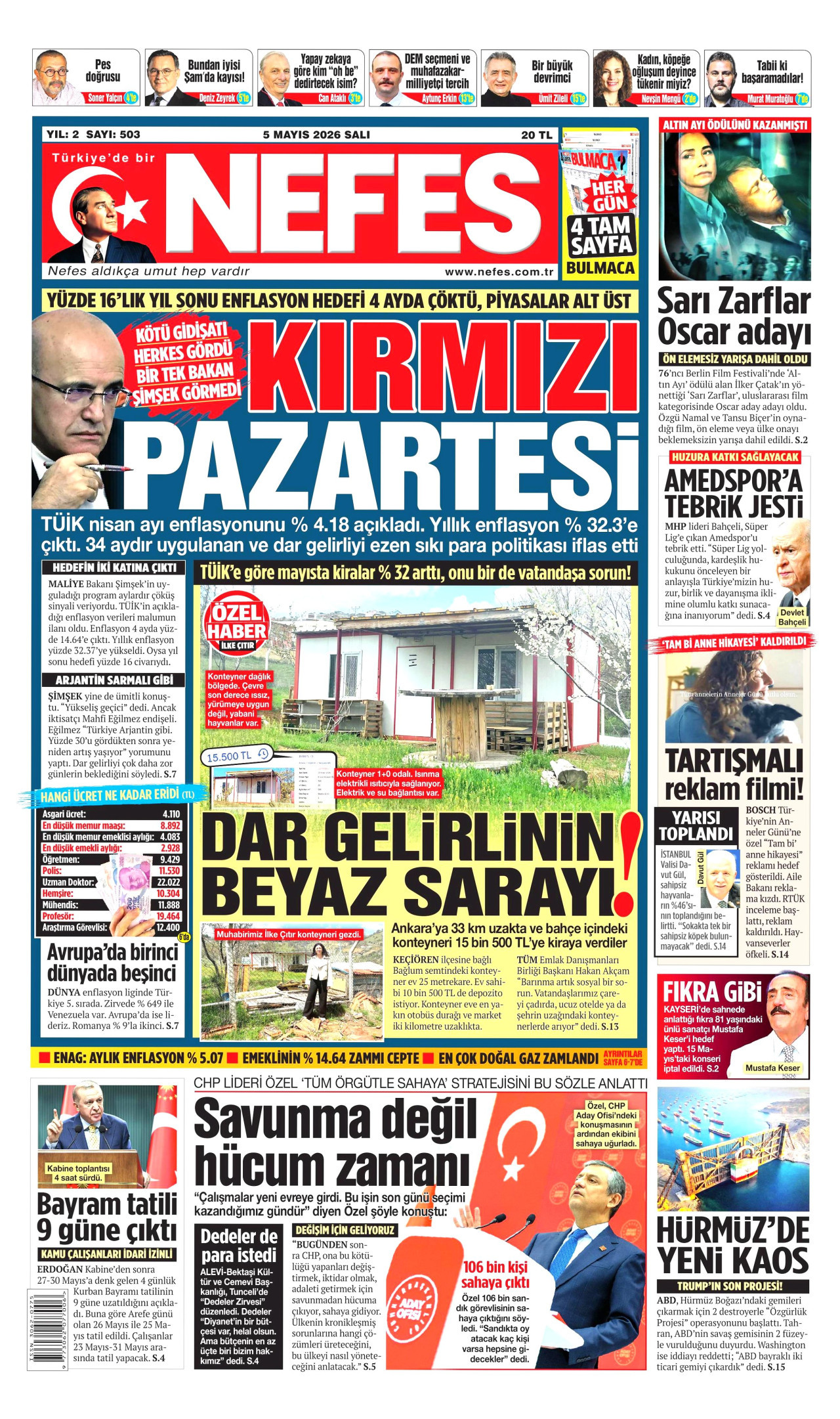 NEFES gazetesinin 5 Mayıs 2026 tarihli birinci sayfası