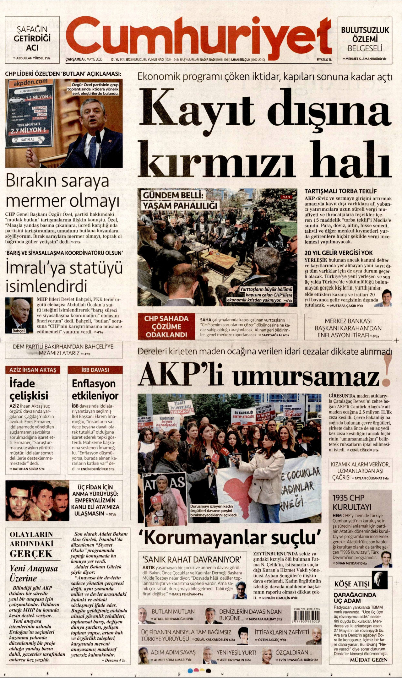 CUMHURİYET gazetesinin 6 Mayıs 2026 tarihli birinci sayfası