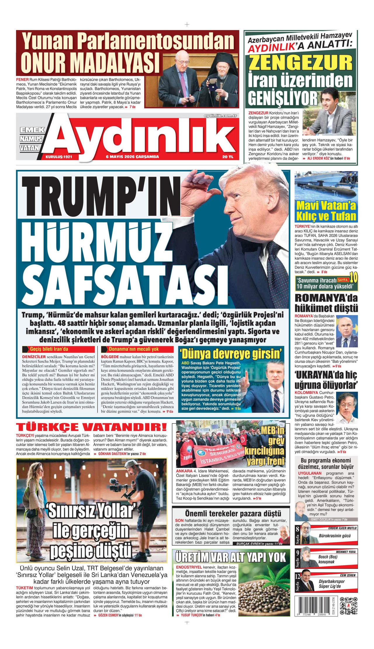 AYDINLIK GAZETESİ gazetesinin 6 Mayıs 2026 tarihli birinci sayfası