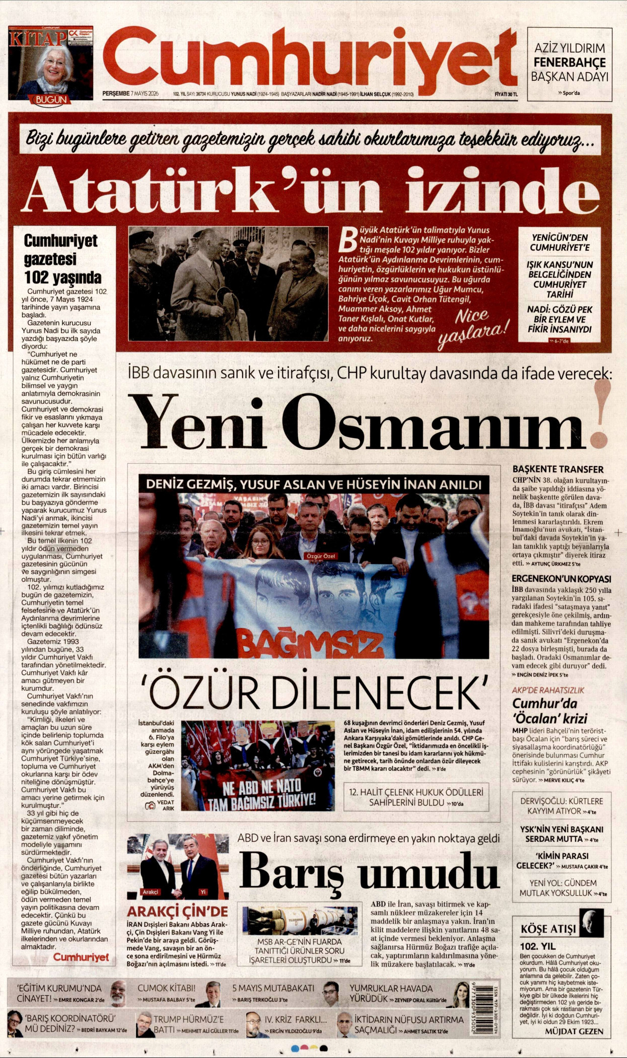 CUMHURİYET gazetesinin 7 Mayıs 2026 tarihli birinci sayfası