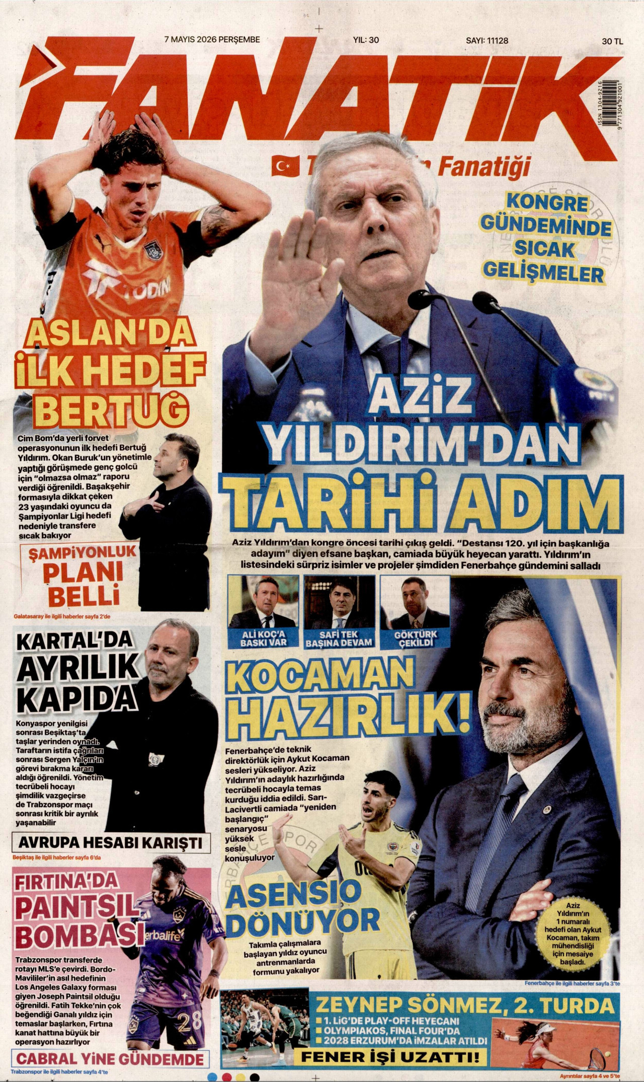 FANATİK gazetesinin 7 Mayıs 2026 tarihli birinci sayfası