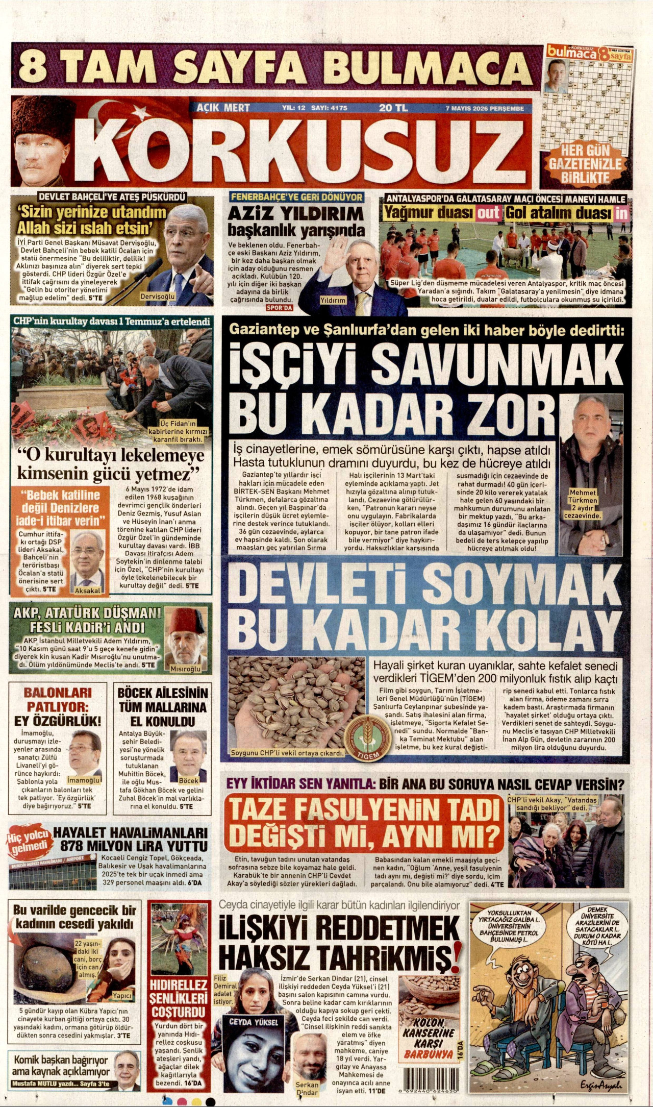 KORKUSUZ gazetesinin 7 Mayıs 2026 tarihli birinci sayfası