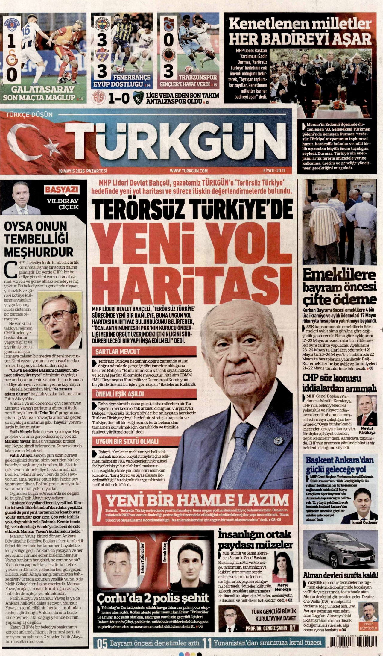 TÜRKGÜN gazetesinin 18 Mayıs 2026 tarihli birinci sayfası