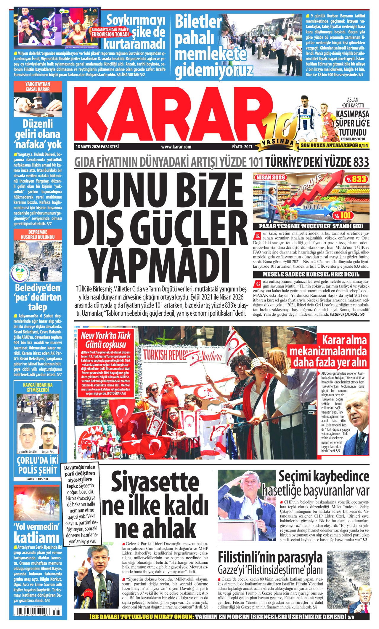 KARAR gazetesinin 18 Mayıs 2026 tarihli birinci sayfası