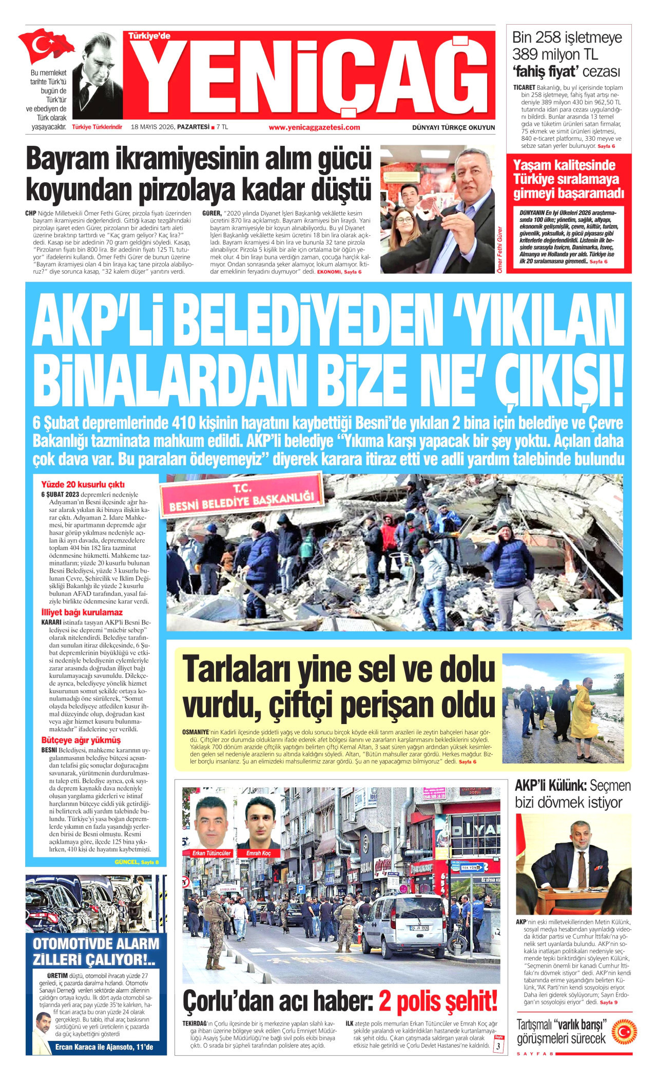 YENİÇAĞ gazetesinin 18 Mayıs 2026 tarihli birinci sayfası