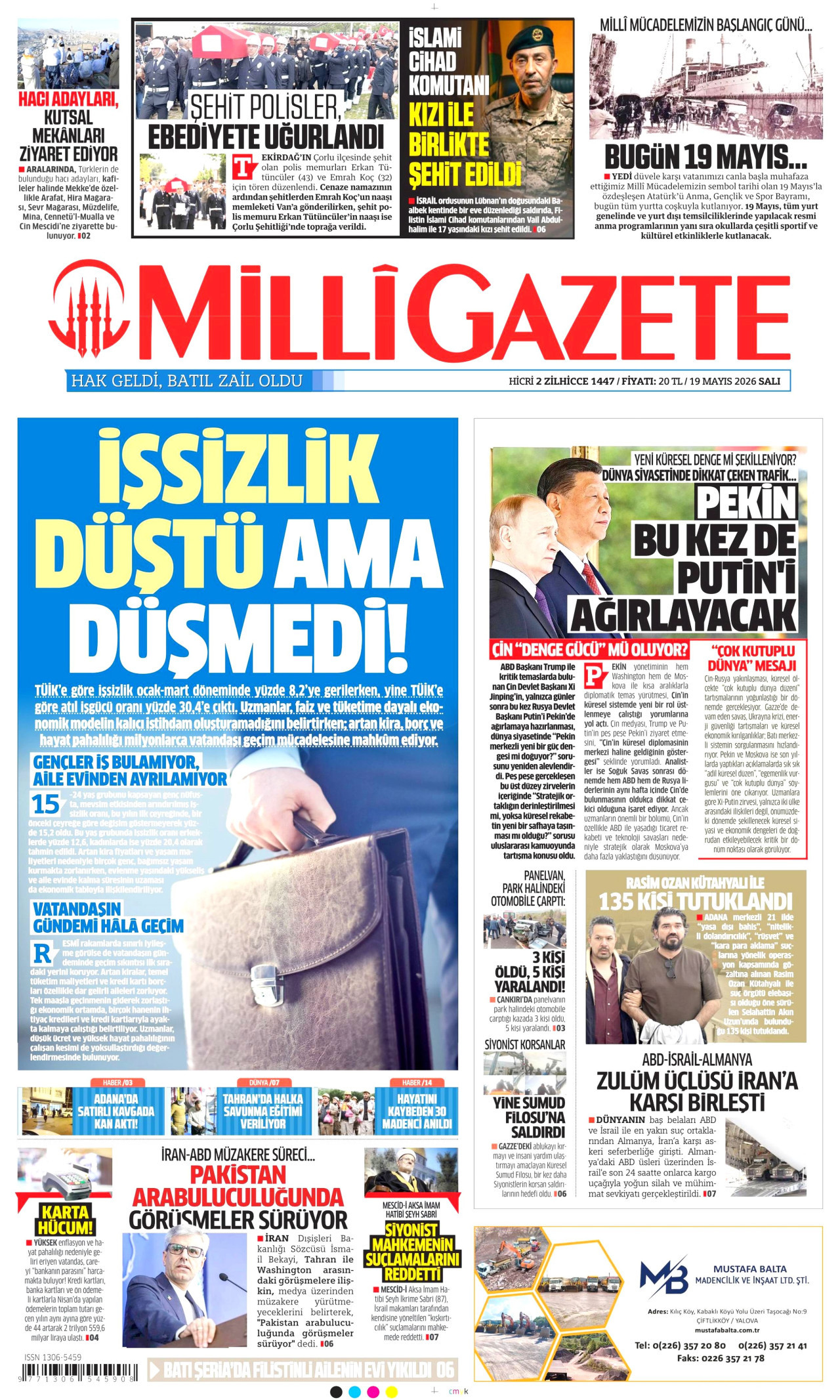 MİLLİ GAZETE gazetesinin 19 Mayıs 2026 tarihli birinci sayfası