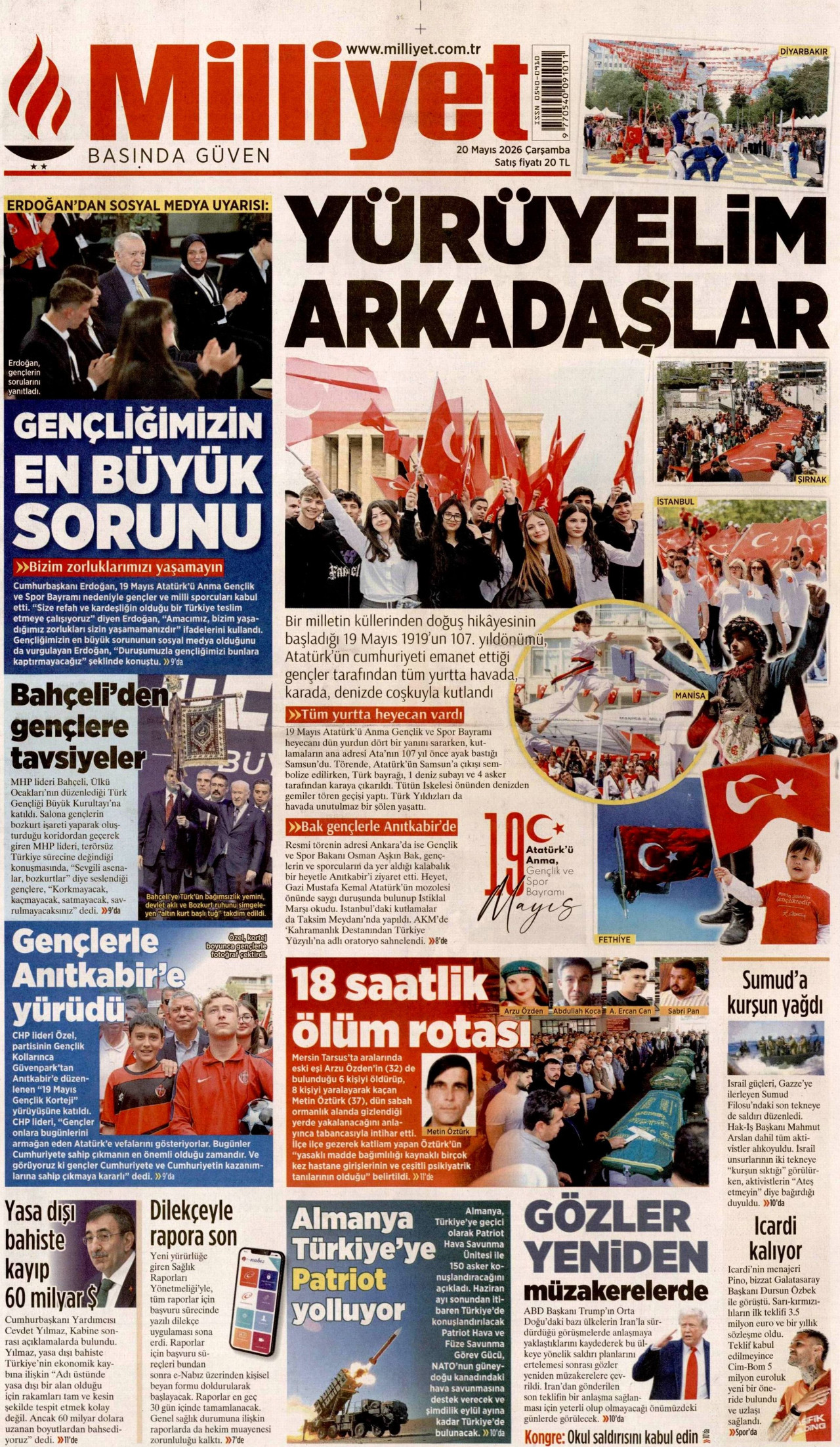 MİLLİYET gazetesinin 20 Mayıs 2026 tarihli birinci sayfası