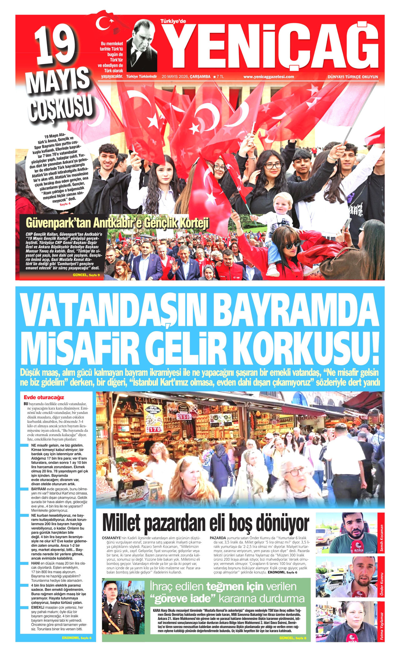YENİÇAĞ gazetesinin 20 Mayıs 2026 tarihli birinci sayfası