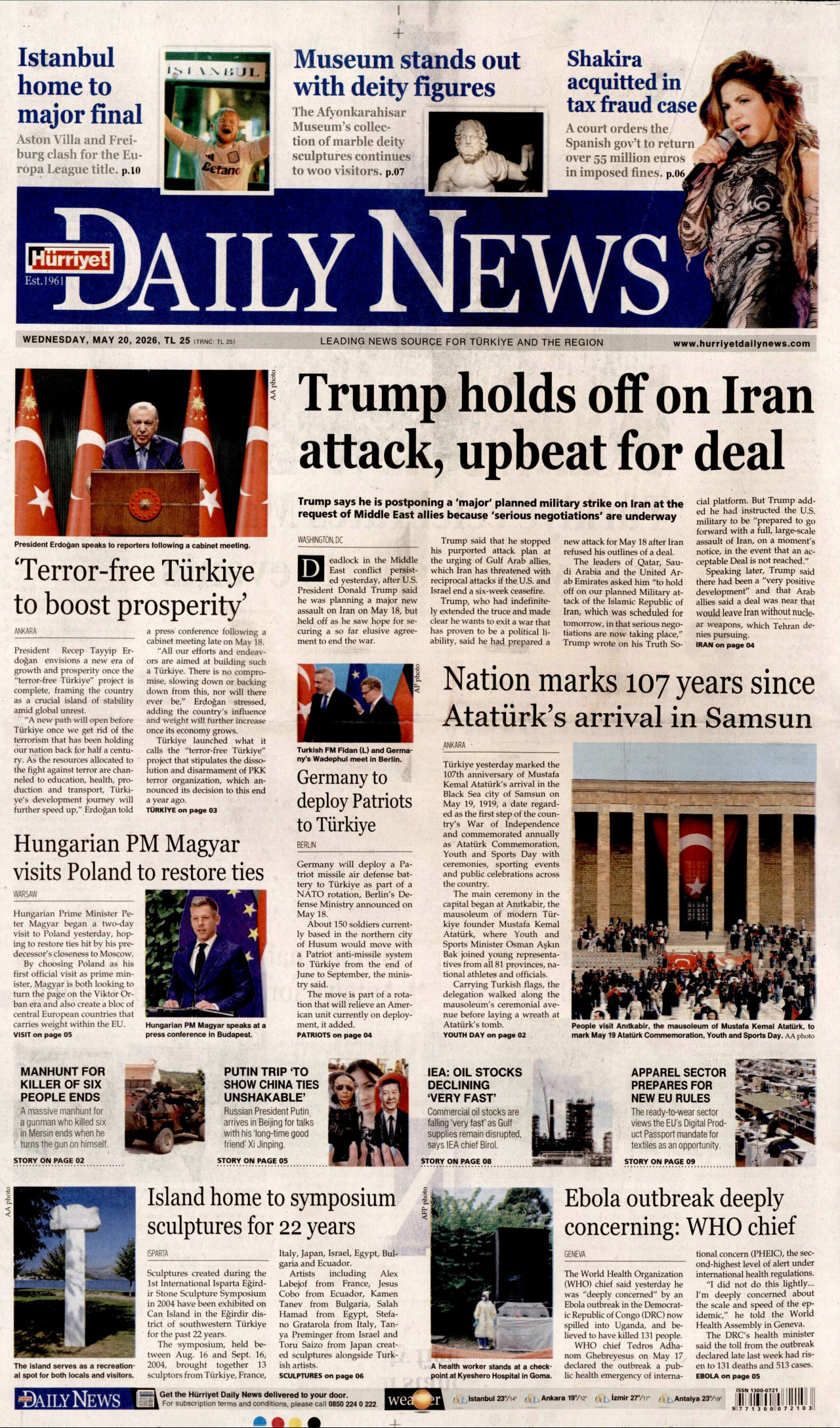 HÜRRİYET DAİLY NEWS gazetesinin 20 Mayıs 2026 tarihli birinci sayfası