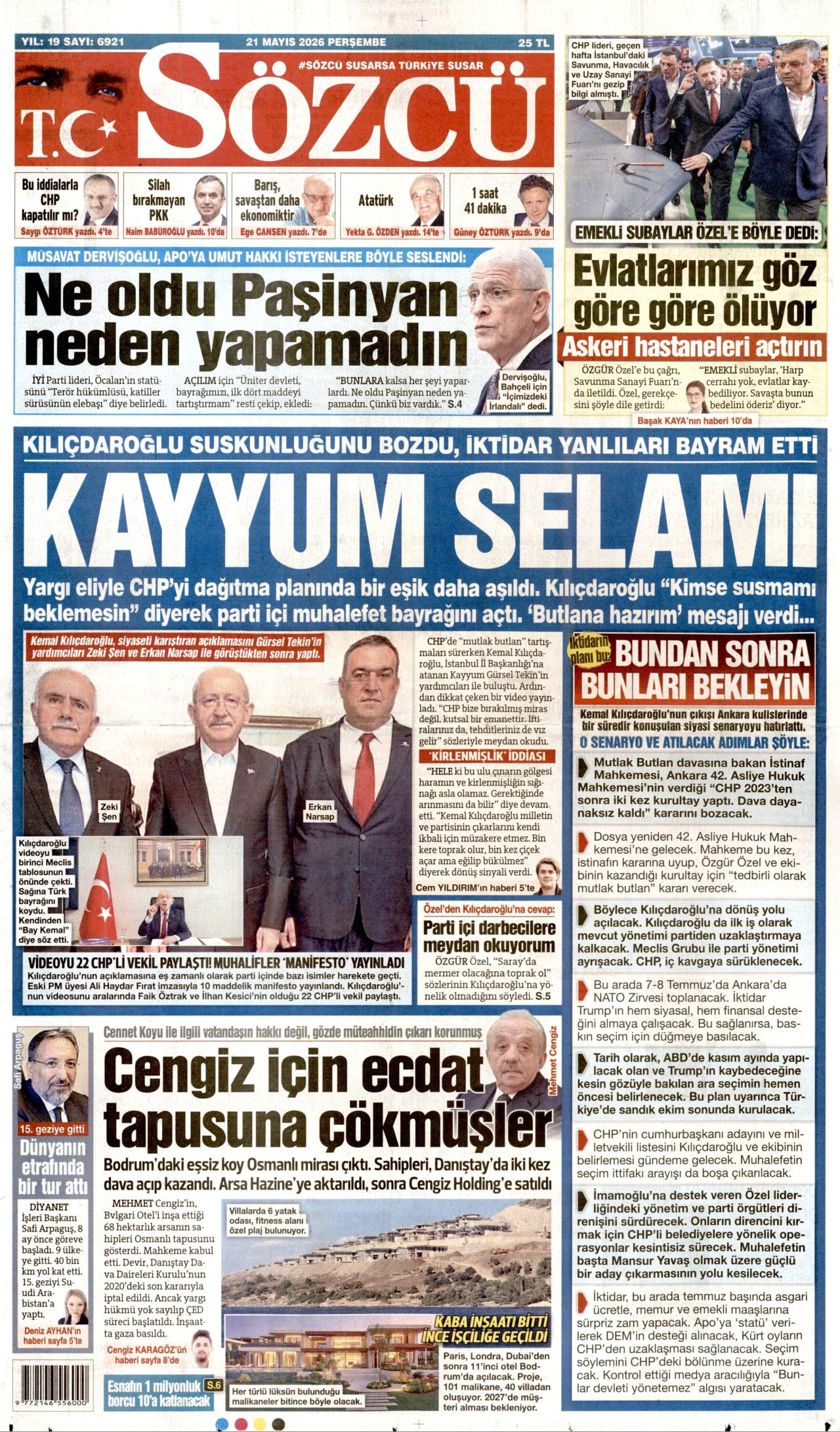 SÖZCÜ gazetesinin 21 Mayıs 2026 tarihli birinci sayfası