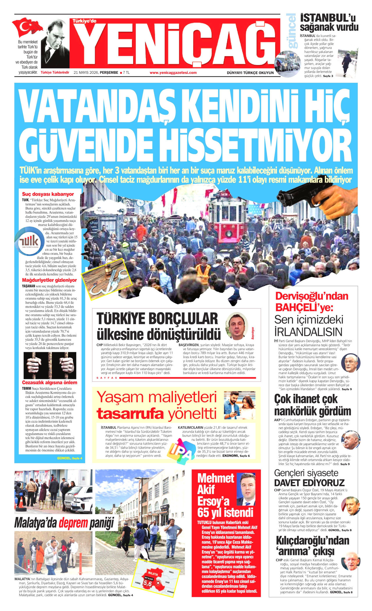 YENİÇAĞ gazetesinin 21 Mayıs 2026 tarihli birinci sayfası