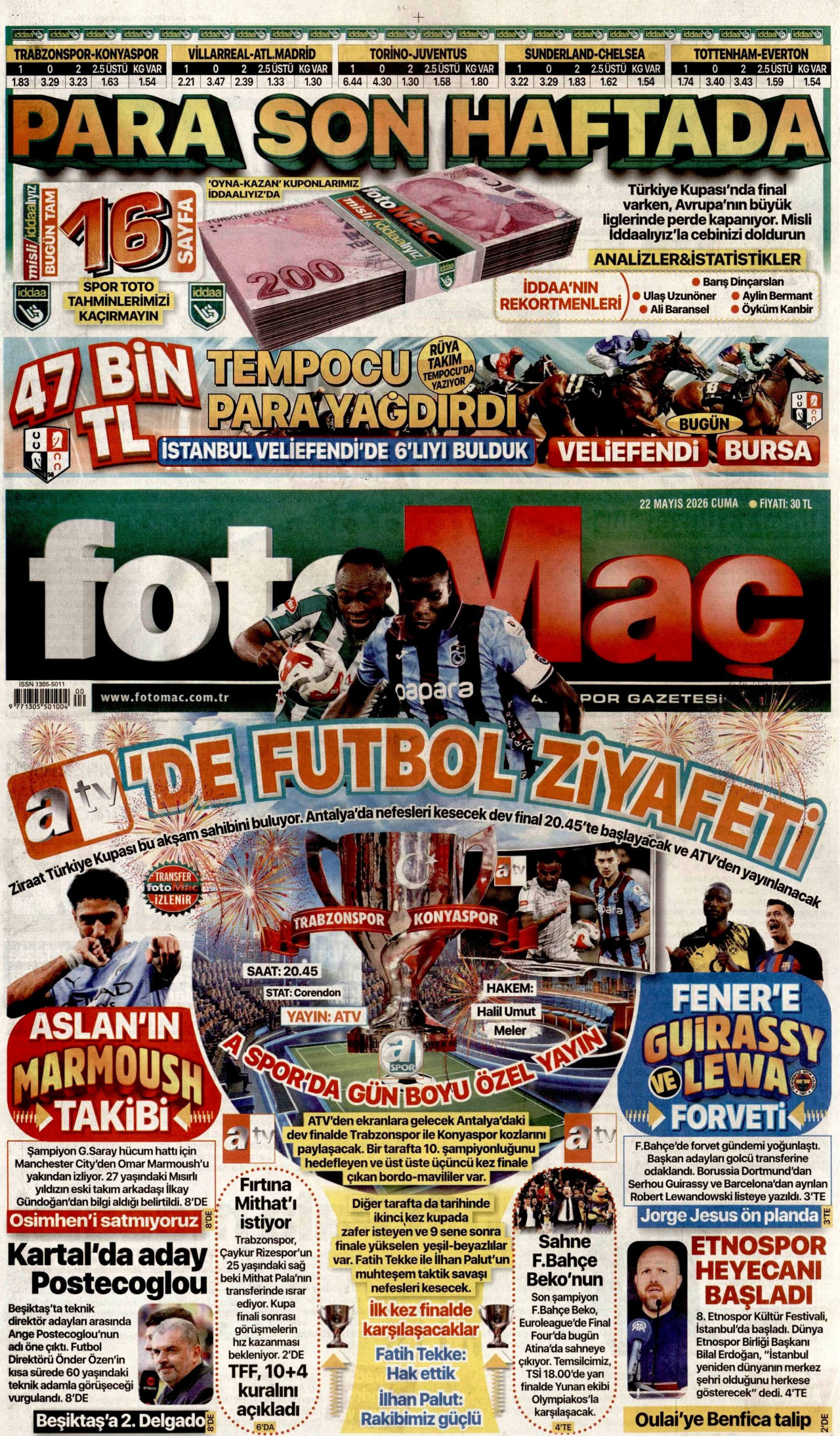 FOTOMAÇ gazetesinin 22 Mayıs 2026 tarihli birinci sayfası