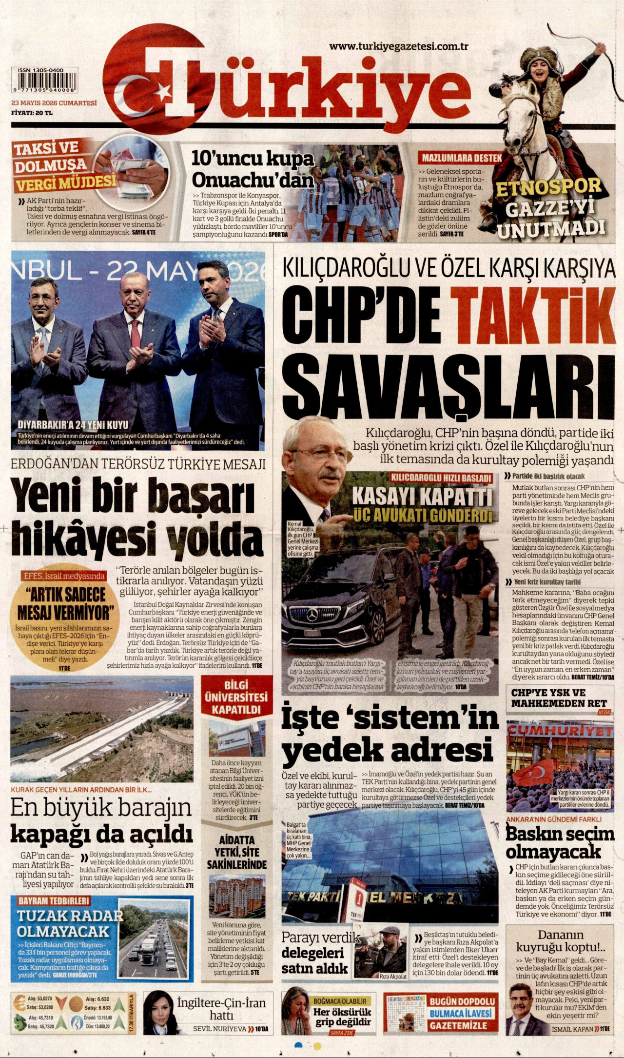 TÜRKİYE GAZETESİ gazetesinin 23 Mayıs 2026 tarihli birinci sayfası
