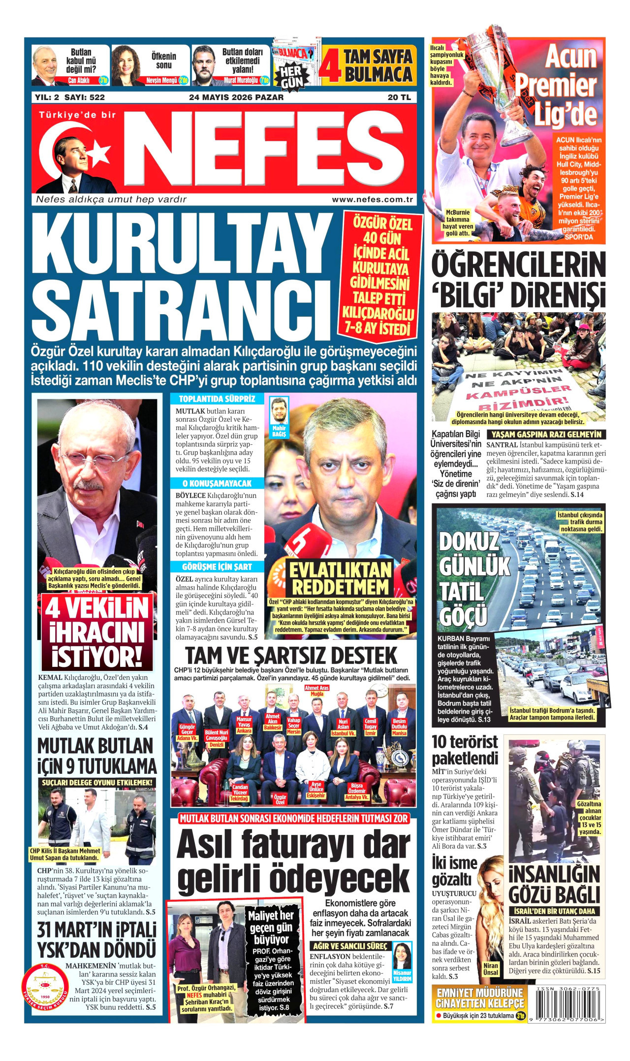 NEFES gazetesinin 24 Mayıs 2026 tarihli birinci sayfası