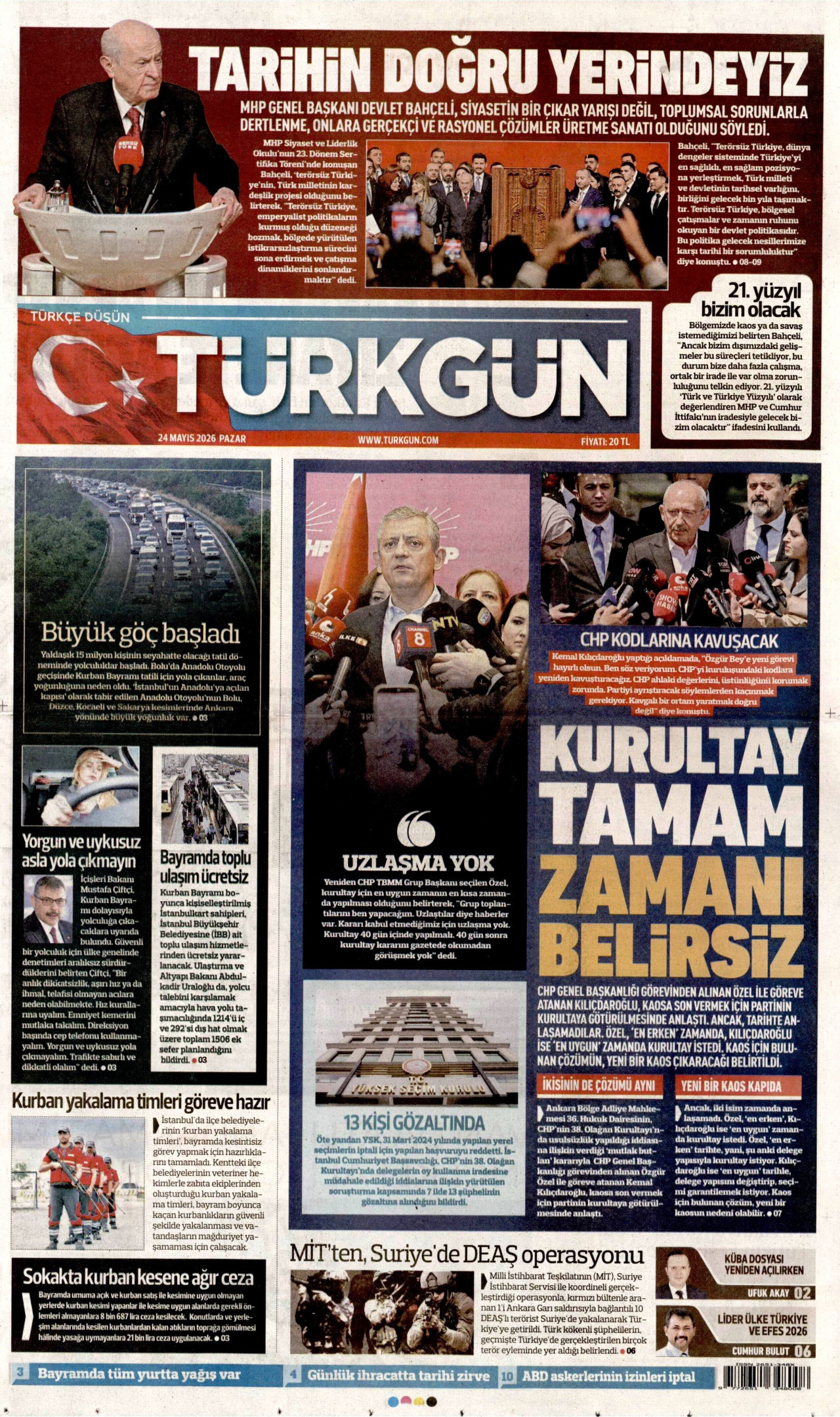 TÜRKGÜN gazetesinin 24 Mayıs 2026 tarihli birinci sayfası