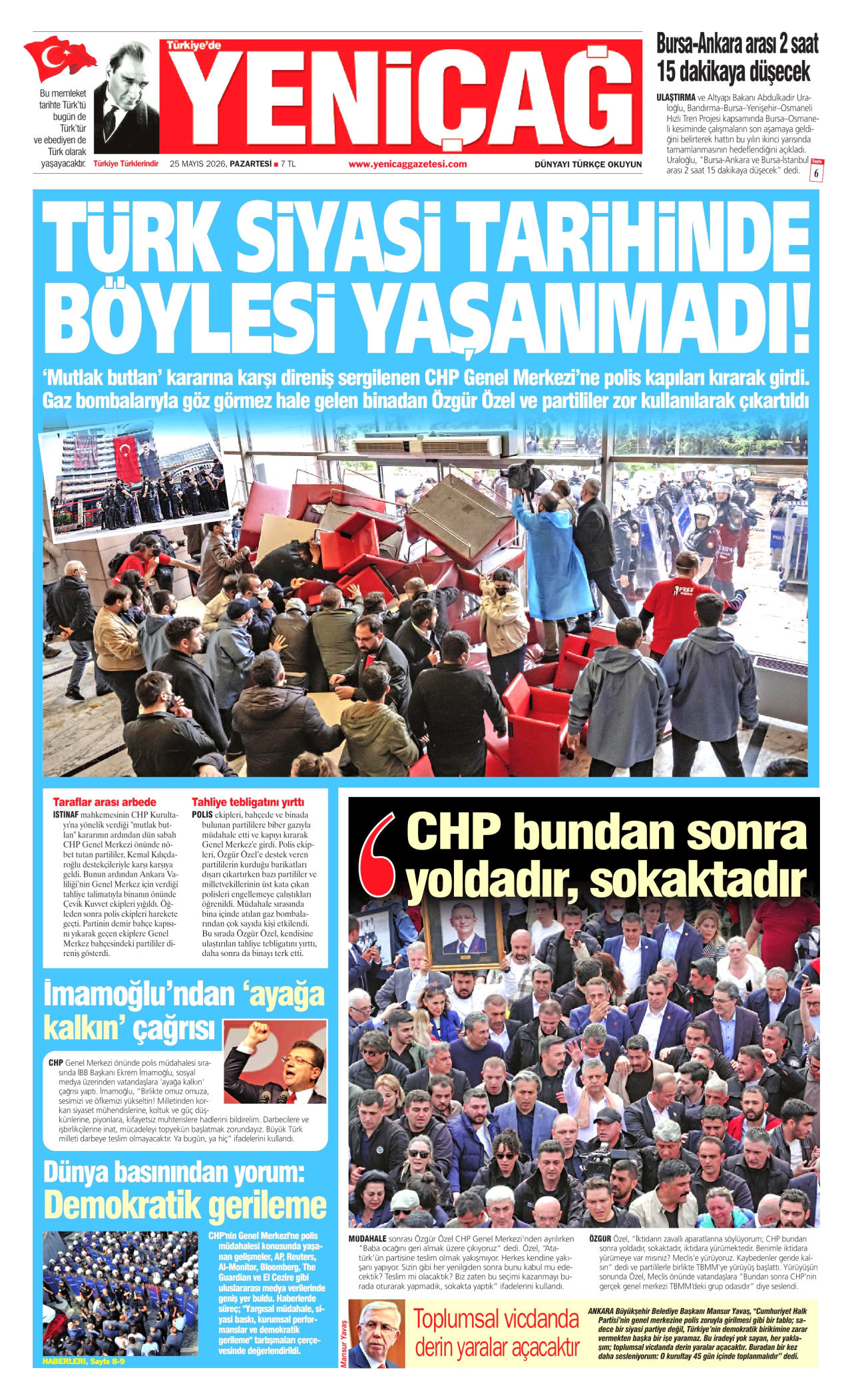 YENİÇAĞ gazetesinin 25 Mayıs 2026 tarihli birinci sayfası