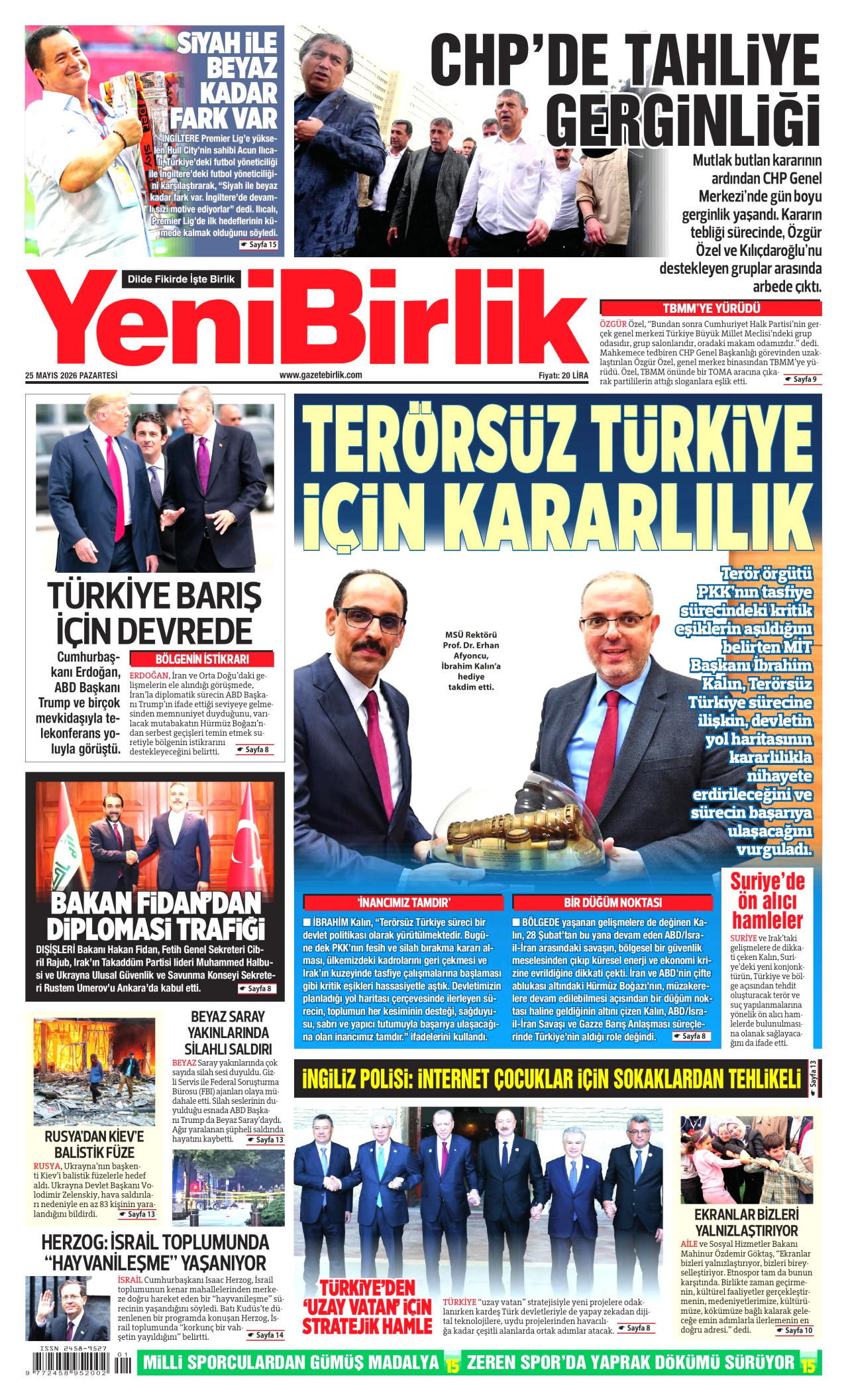 YENİBİRLİK gazetesinin 25 Mayıs 2026 tarihli birinci sayfası