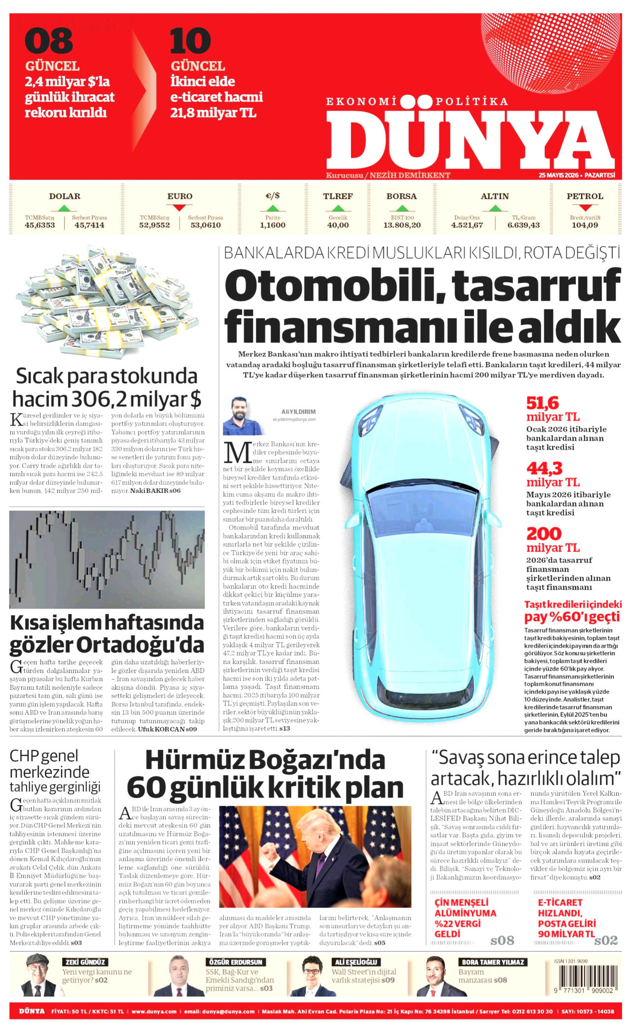 DÜNYA gazetesinin 25 Mayıs 2026 tarihli birinci sayfası