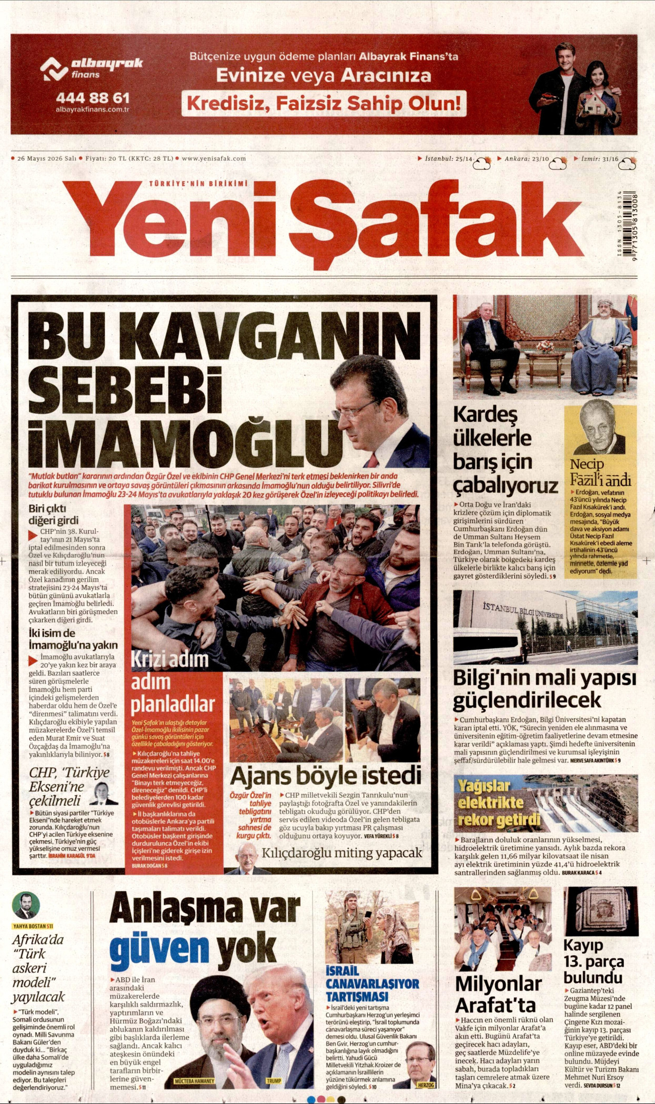 YENİ ŞAFAK gazetesinin 26 Mayıs 2026 tarihli birinci sayfası