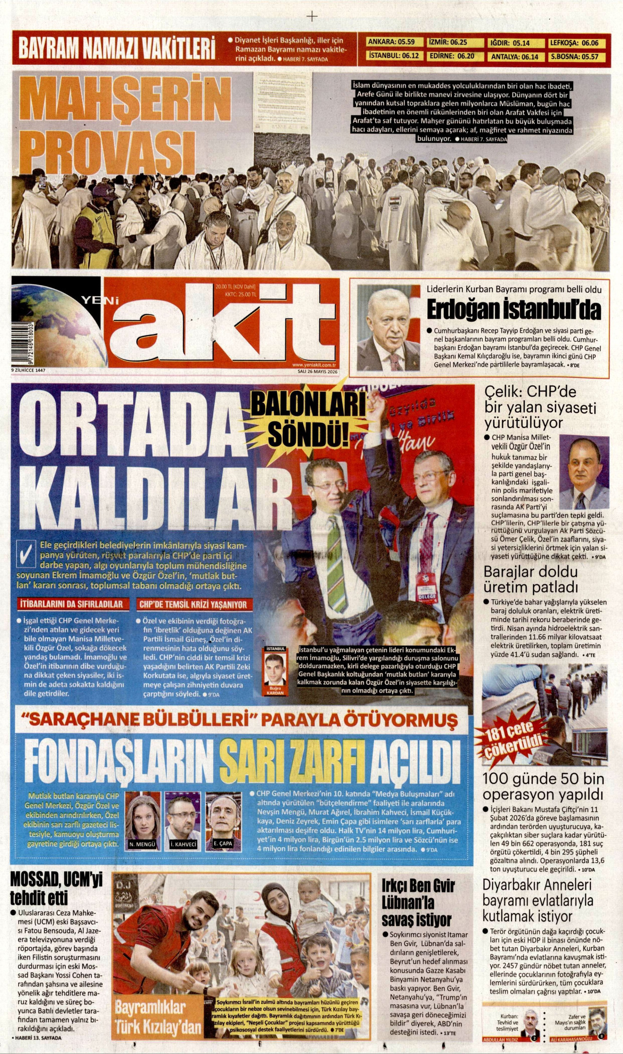YENİ AKİT gazetesinin 26 Mayıs 2026 tarihli birinci sayfası