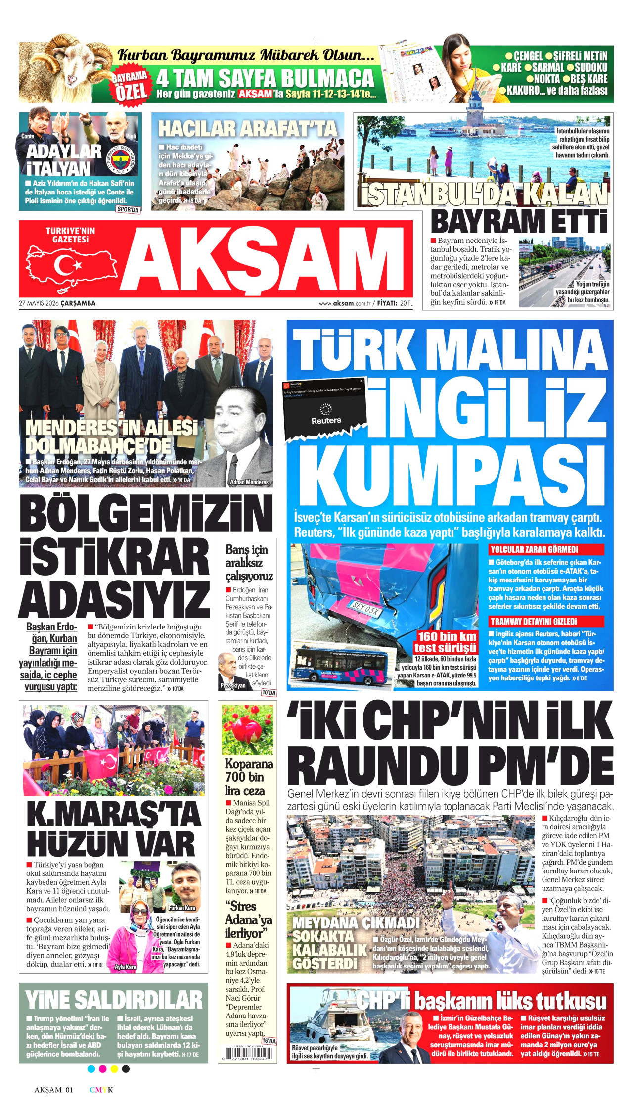 AKŞAM gazetesinin 27 Mayıs 2026 tarihli birinci sayfası