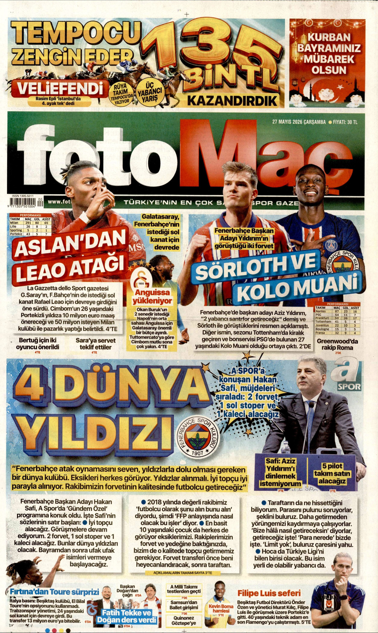 FOTOMAÇ gazetesinin 27 Mayıs 2026 tarihli birinci sayfası