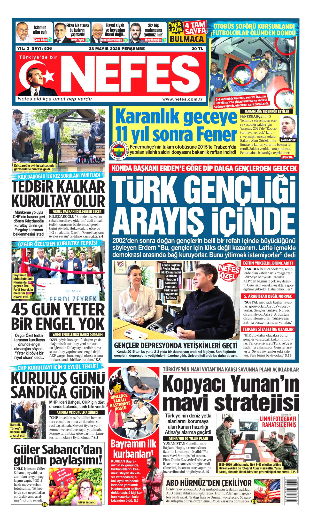 NEFES gazetesinin 28 Mayıs 2026 tarihli birinci sayfası