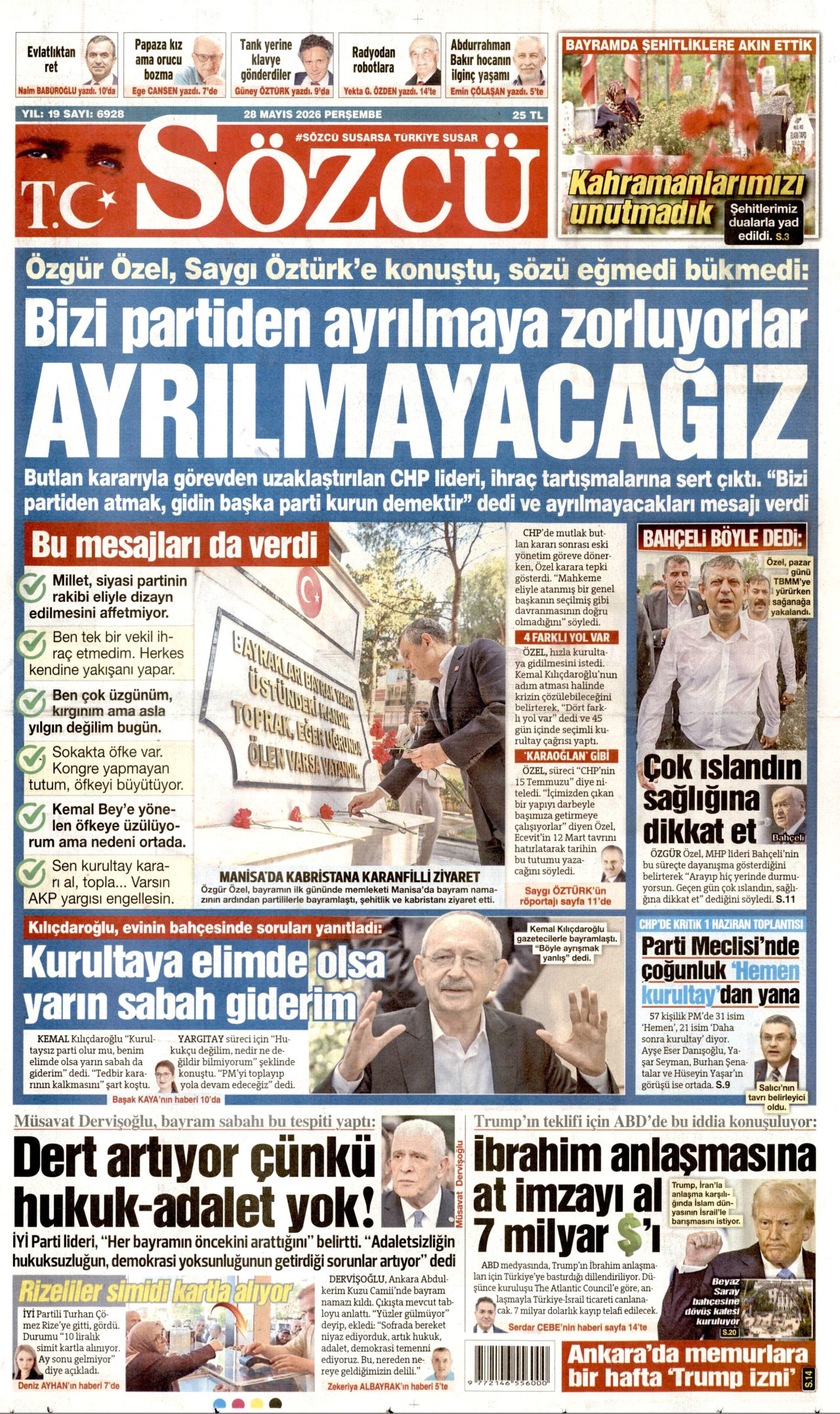 SÖZCÜ gazetesinin 28 Mayıs 2026 tarihli birinci sayfası