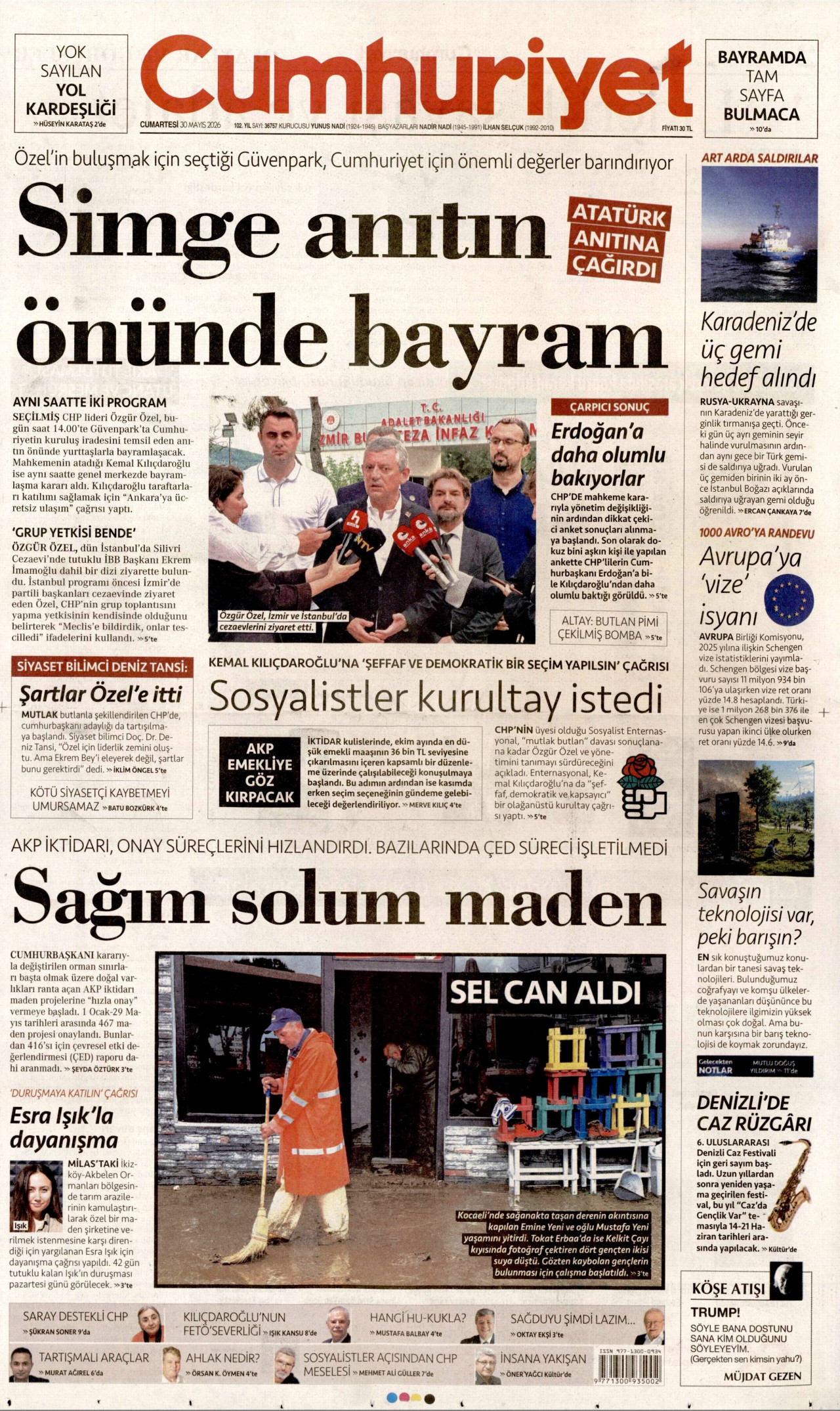 CUMHURİYET gazetesinin 30 Mayıs 2026 tarihli birinci sayfası