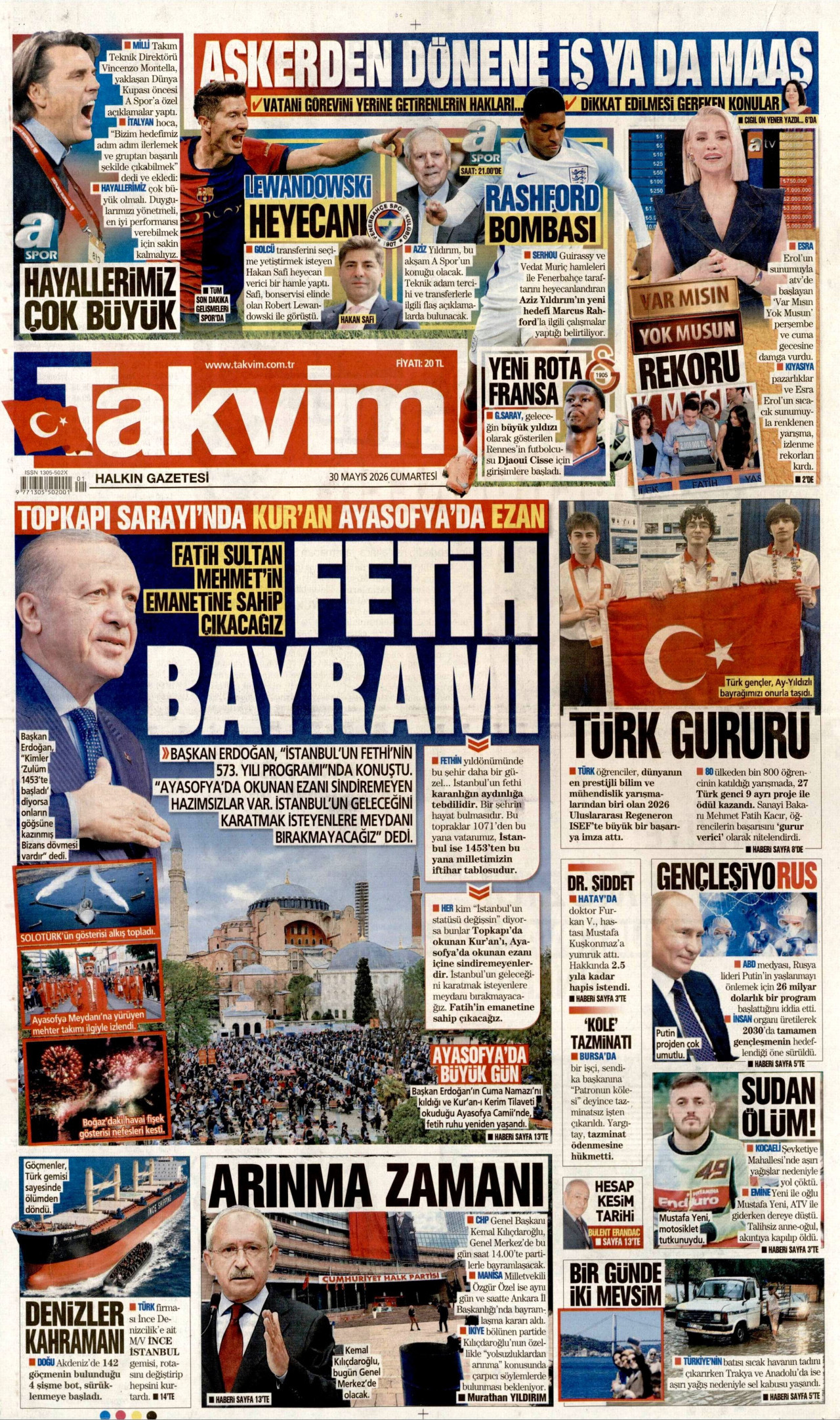 TAKVİM gazetesinin 30 Mayıs 2026 tarihli birinci sayfası