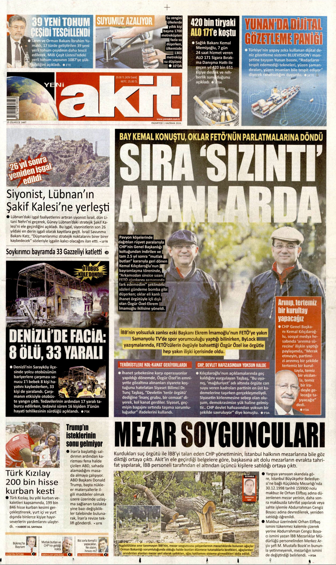YENİ AKİT gazetesinin 1 Haziran 2026 tarihli birinci sayfası