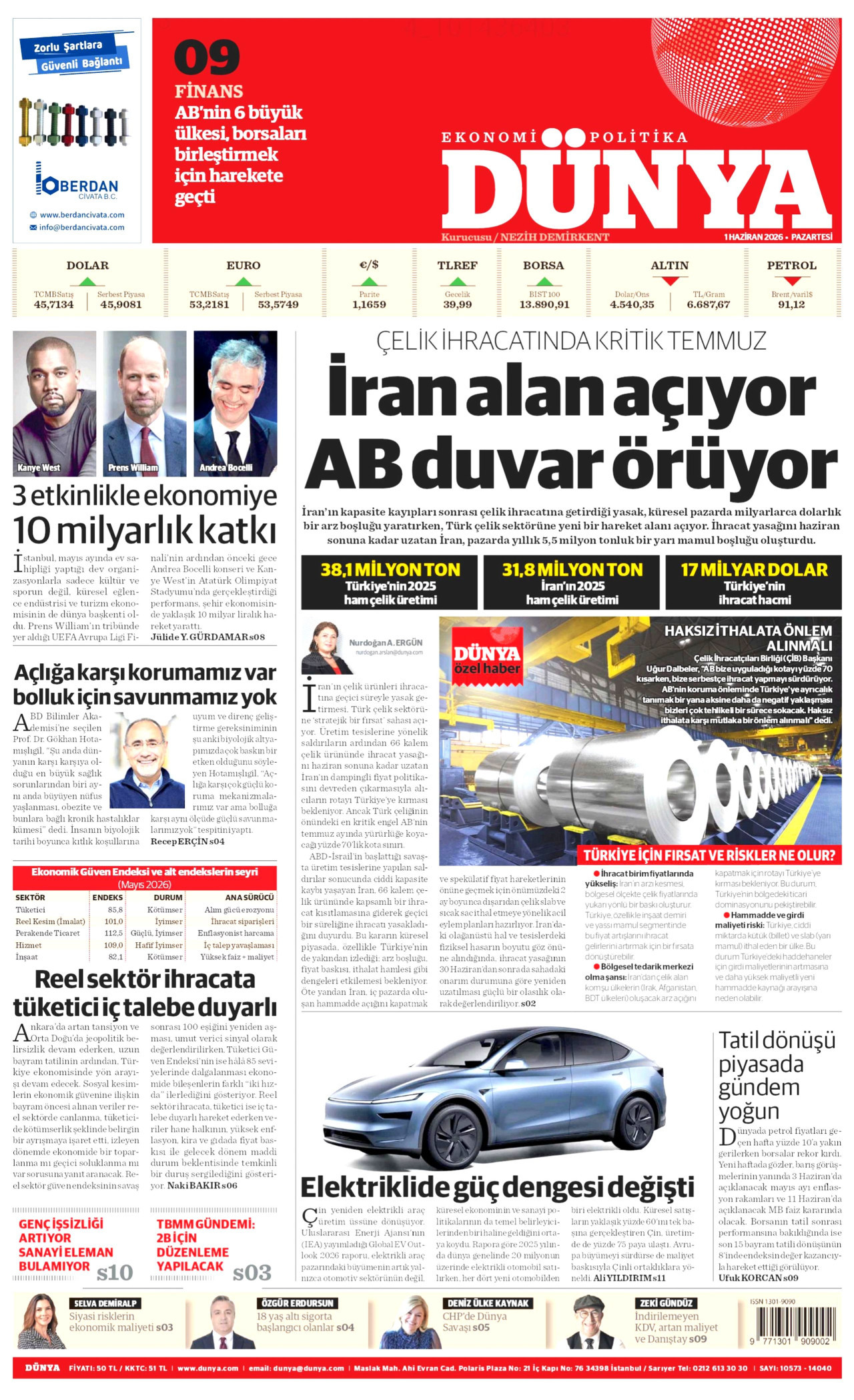 DÜNYA gazetesinin 1 Haziran 2026 tarihli birinci sayfası