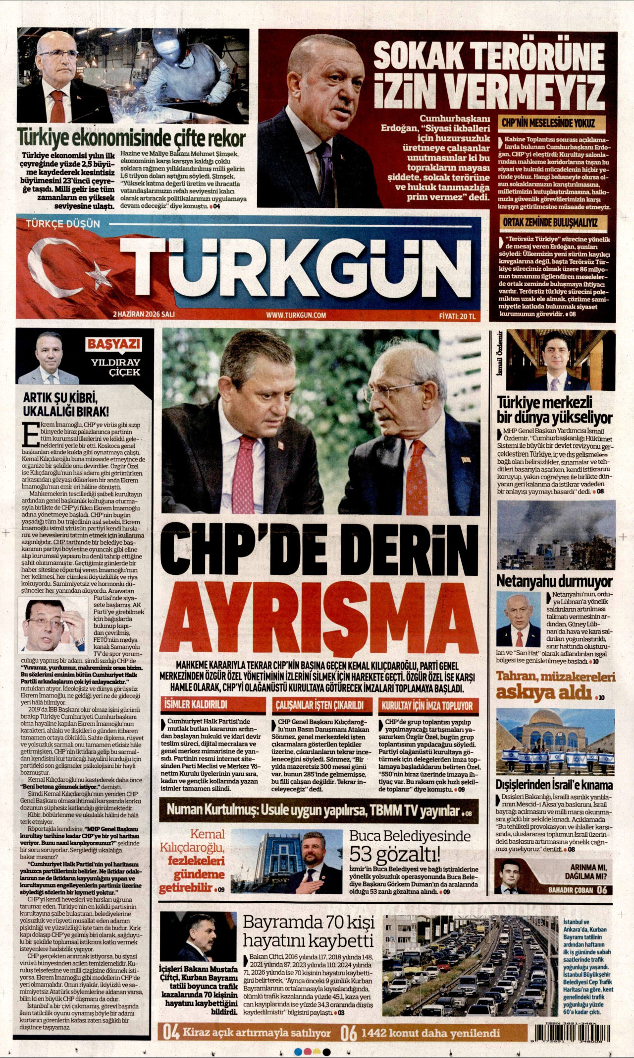 TÜRKGÜN gazetesinin 2 Haziran 2026 tarihli birinci sayfası