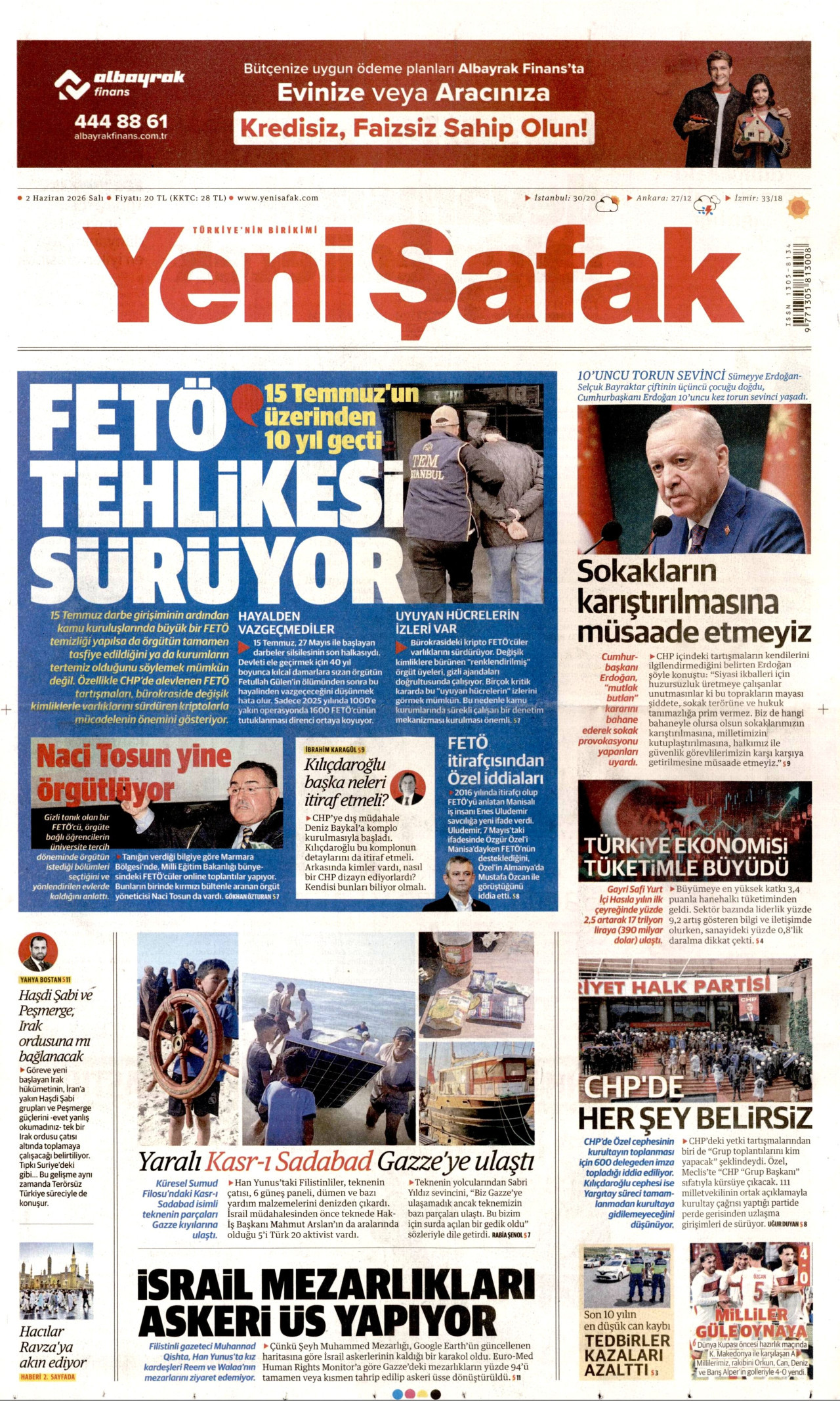 YENİ ŞAFAK gazetesinin 2 Haziran 2026 tarihli birinci sayfası