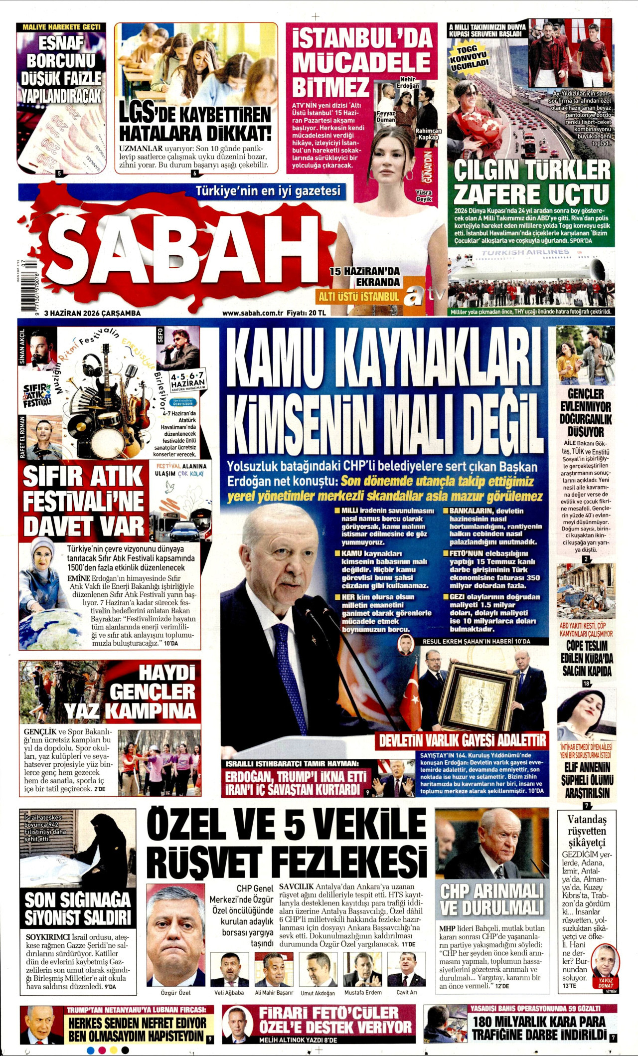 SABAH gazetesinin 3 Haziran 2026 tarihli birinci sayfası