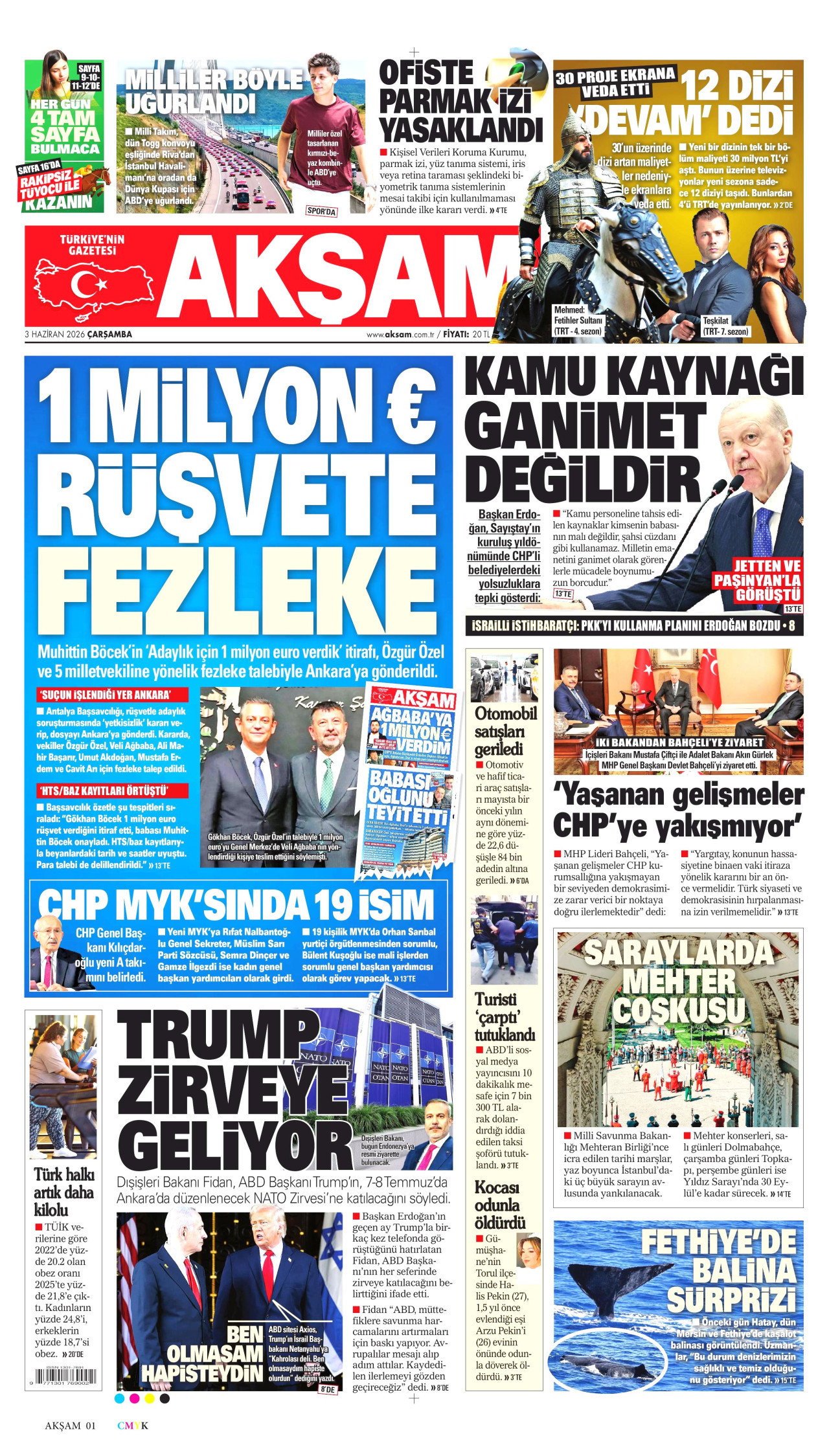 AKŞAM gazetesinin 3 Haziran 2026 tarihli birinci sayfası