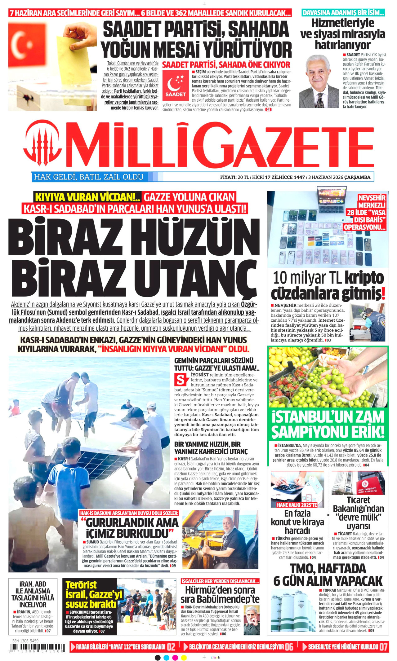 MİLLİ GAZETE gazetesinin 3 Haziran 2026 tarihli birinci sayfası