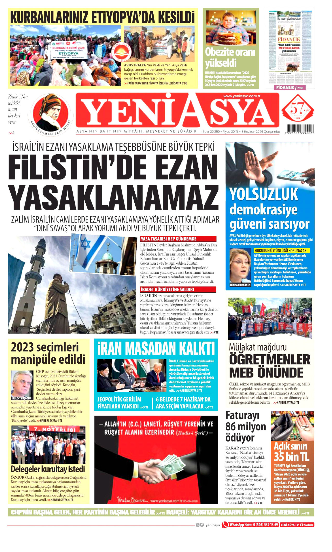 YENİ ASYA gazetesinin 3 Haziran 2026 tarihli birinci sayfası