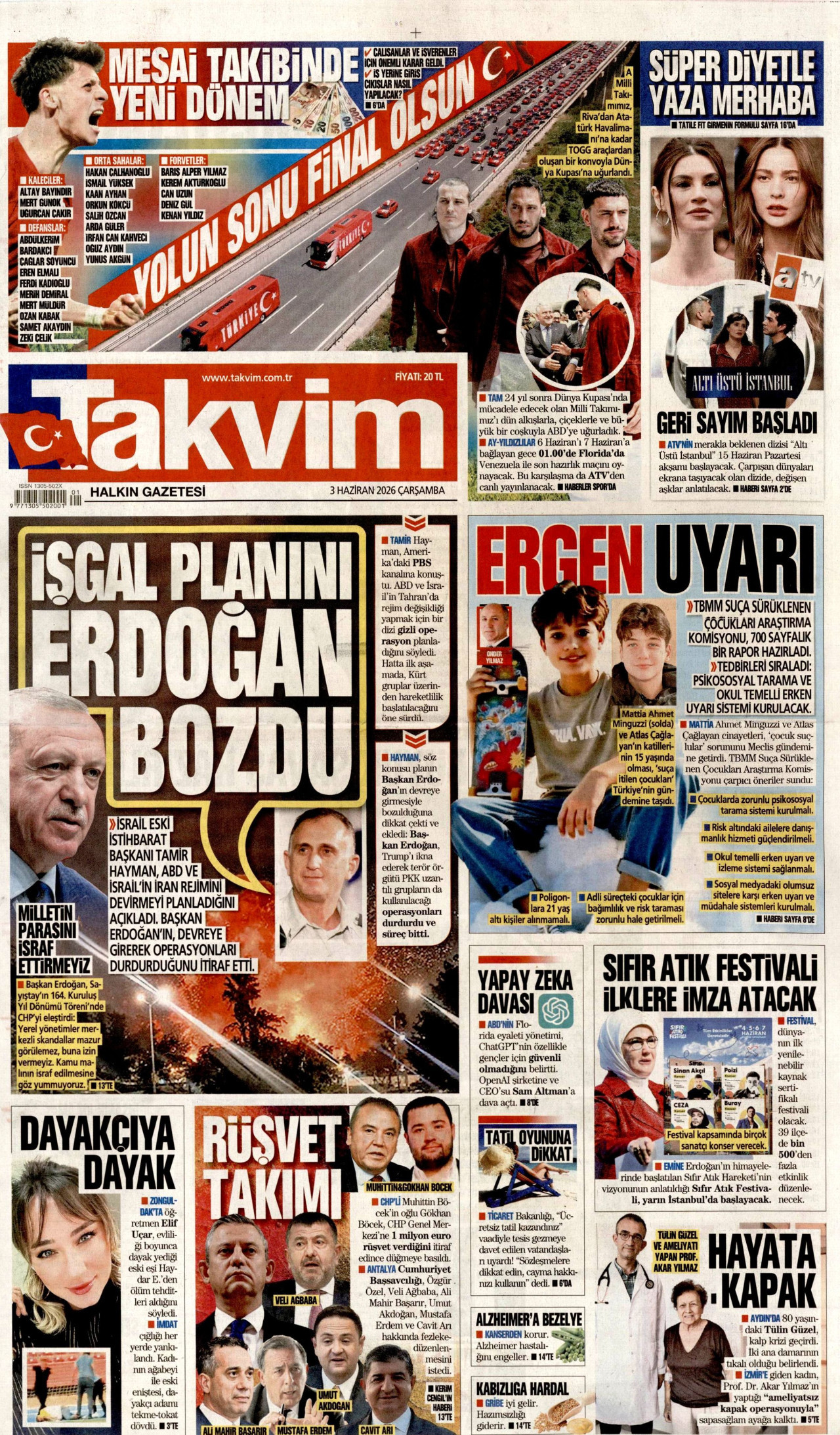 TAKVİM gazetesinin 3 Haziran 2026 tarihli birinci sayfası