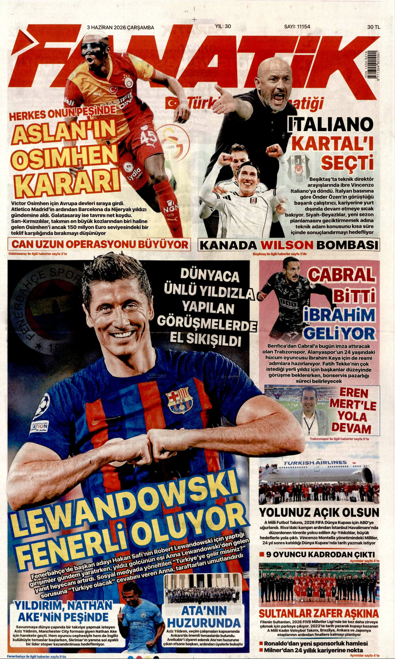 FANATİK gazetesinin 3 Haziran 2026 tarihli birinci sayfası