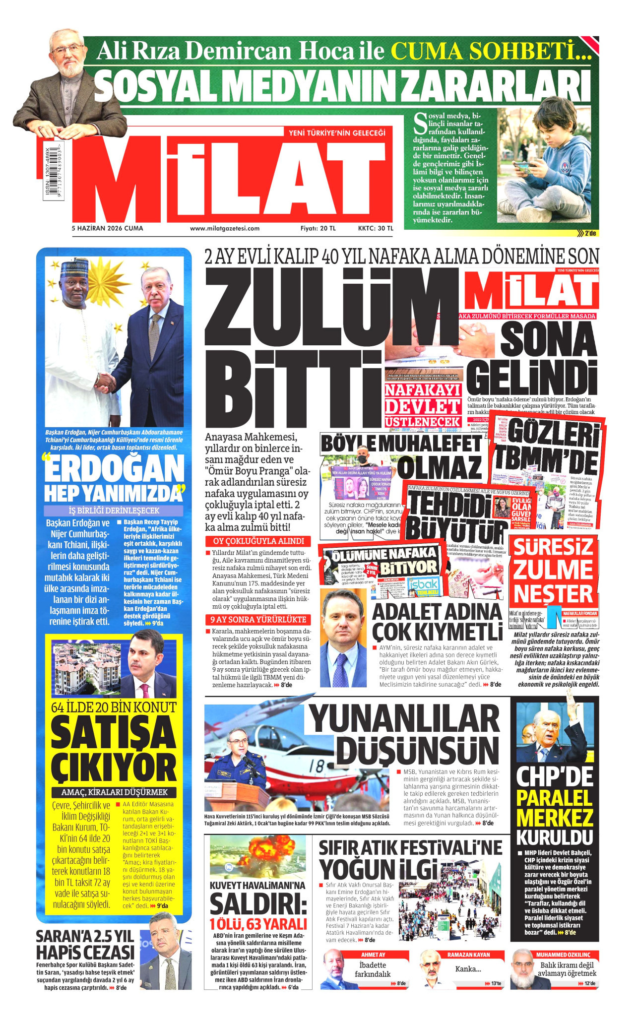 MİLAT gazetesinin 5 Haziran 2026 tarihli birinci sayfası
