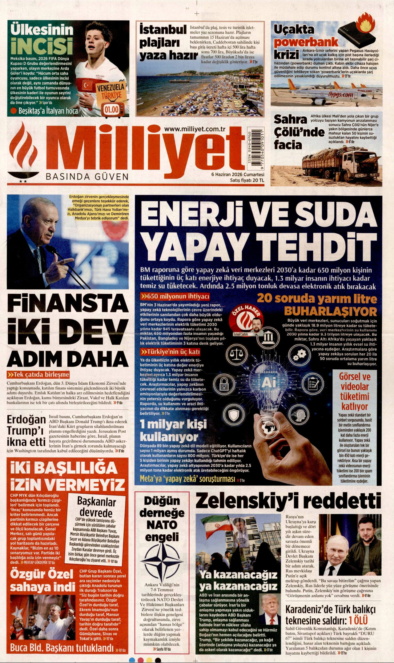 MİLLİYET gazetesinin 6 Haziran 2026 tarihli birinci sayfası