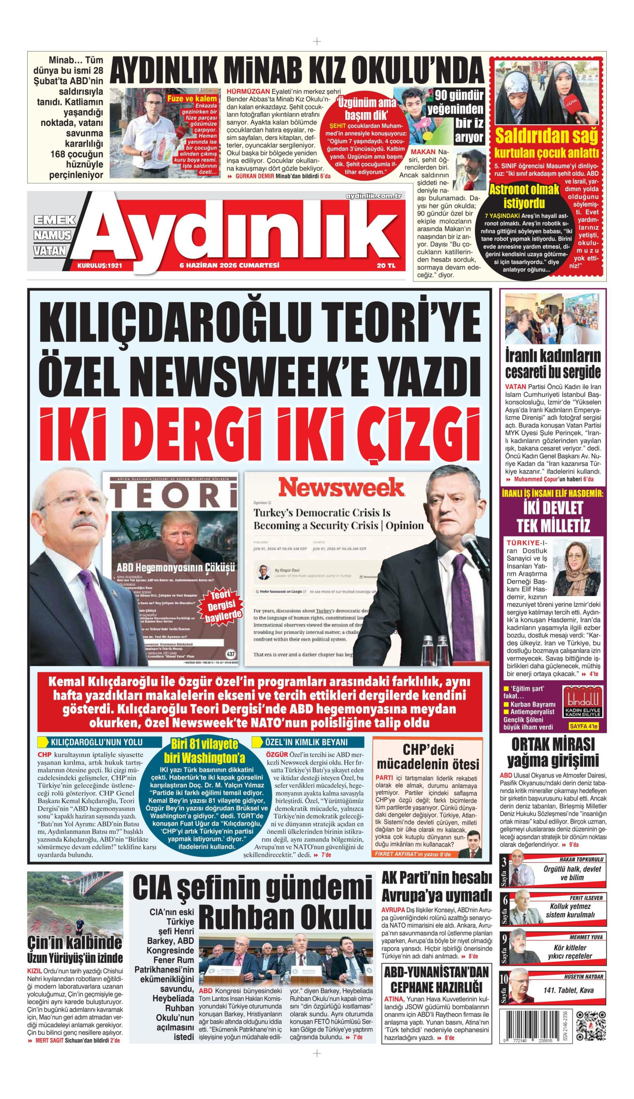 AYDINLIK GAZETESİ gazetesinin 6 Haziran 2026 tarihli birinci sayfası