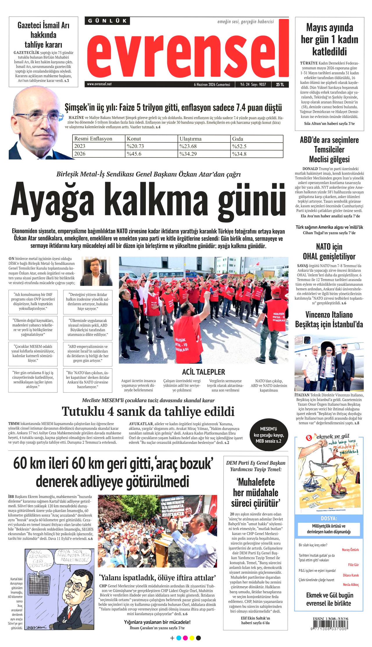EVRENSEL gazetesinin 6 Haziran 2026 tarihli birinci sayfası