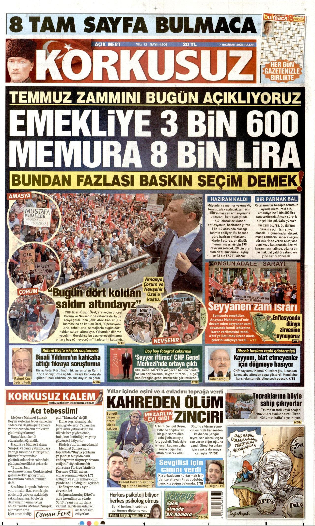 KORKUSUZ gazetesinin 7 Haziran 2026 tarihli birinci sayfası