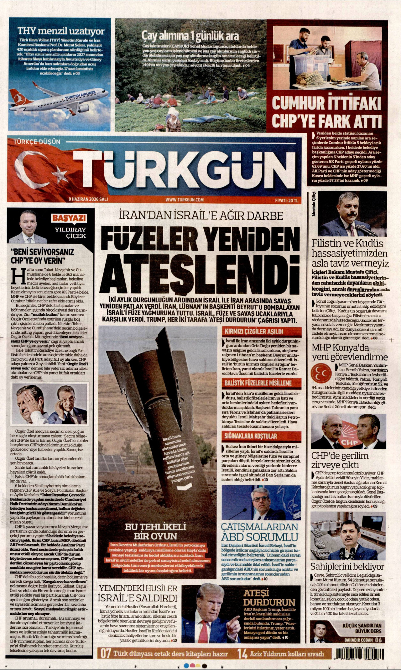 TÜRKGÜN gazetesinin 9 Haziran 2026 tarihli birinci sayfası