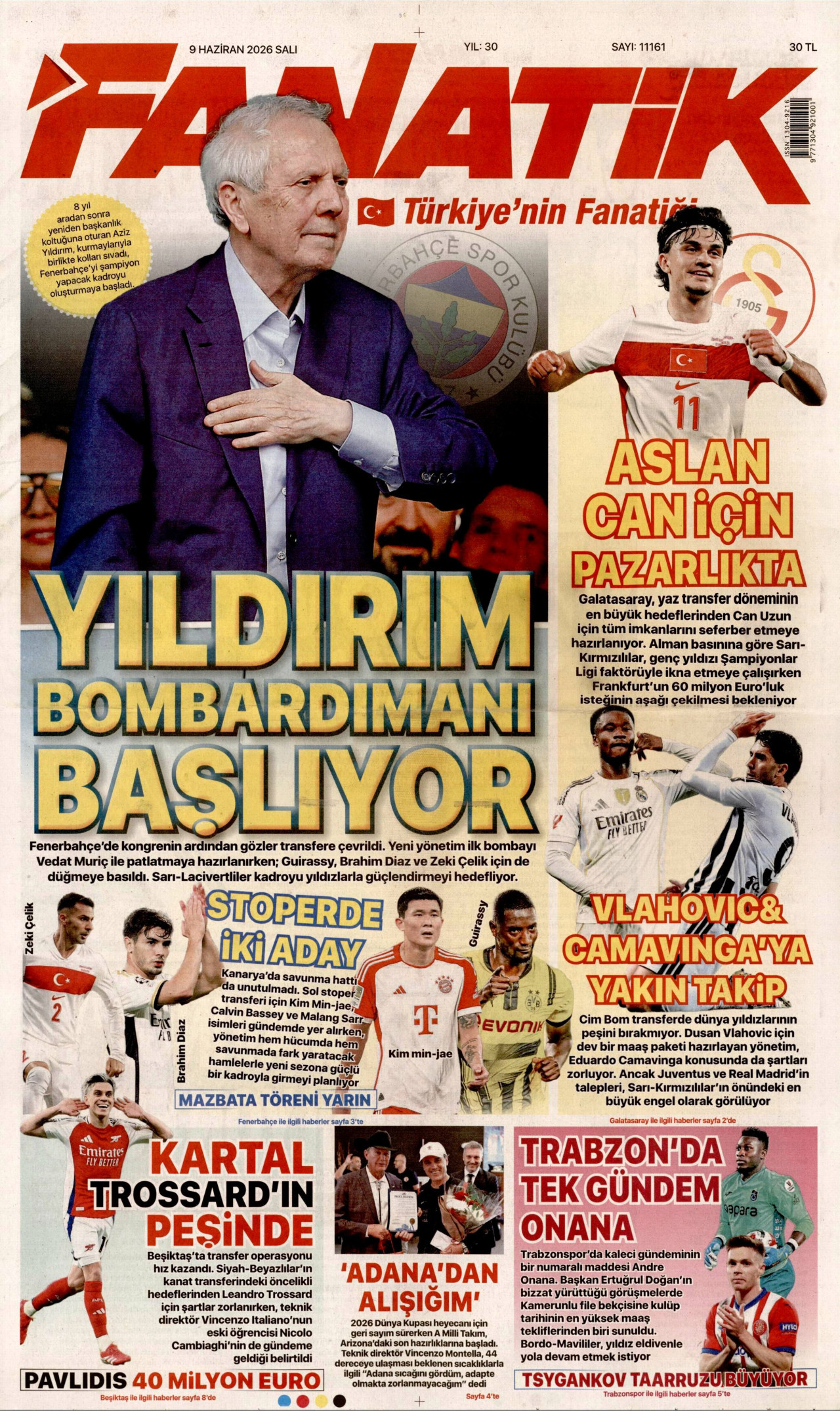 FANATİK gazetesinin 9 Haziran 2026 tarihli birinci sayfası
